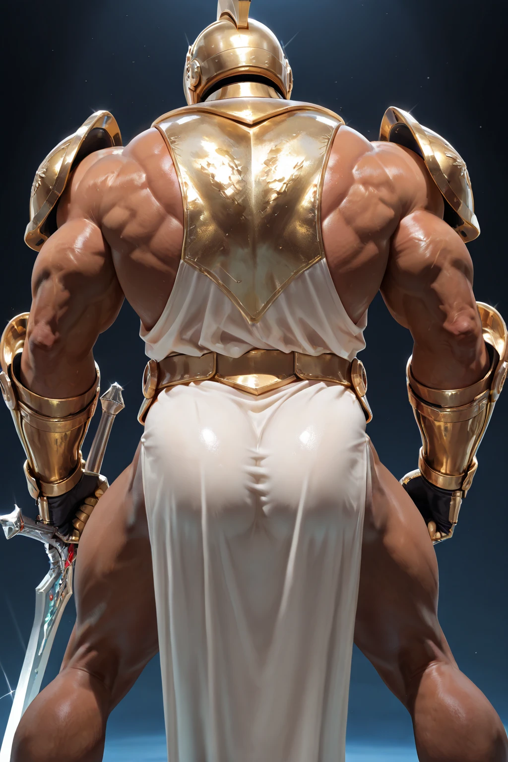 8k ((above view:1.3)), ((full body view))((back view:1.4))(large eyes:1.3), defined cheekbones, looking back, ((the pit style:1.4))((sleek dark tan bodysuit:1.6)) ((intricate lace details:1.6))detailed face:1.5), blue skin,(puffy lips:1.5) (blue skin:1.6), (bald woman:1.7), (skinhead) ((sexy pose)),((((Muscular:1.5)))), ((gigantic breasts:1.5)), )highly detailed, Volumetric lighting, baroque oil painting by Greg Rutkowski, Artgerm, WLOP, dynamic angle,((intricate neon lines on bodysuit:1.3)), majestic, digital photography, best shadow, light particles, art by artgerm and ruan jia and greg rutkowski, ((gold shoulder pads:1.6)), (masterpiece), sidelighting, intricate details, (((gold and tan color palette))), gold ass, tan legs, reflective metal material