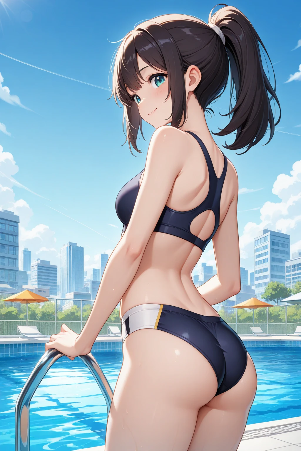Persona 5 Art Style wlop, Persona 5 Art Style, Persona 5 Style, Kasumi Yoshizawa, Girl in Swimsuit, Full Length Image, High Image Quality, Ponytail, Small Breasts, Bangs, Smooth Thighs, Patsun, Top Quality, Ultra High Definition, Fine Eyes, Slender Legs, Fine Beautiful Eyes, 8K, White Bikini, Huge Ass