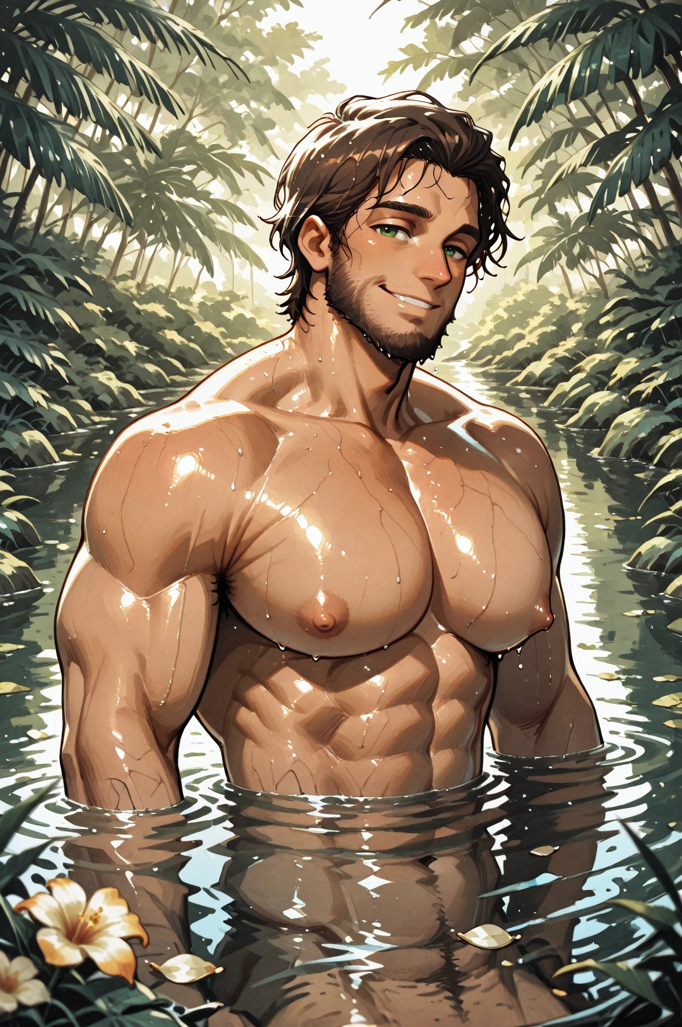 1 stocky musculine man in a transparent wet-looking green thong is standing in a tropical garden, in a jungle environment, shirtless, white skin, wet shiny skin, his right hand is holding a water pot and pouring water over his head, his left arms is raised and rubbing his nape with his left hand, stormy black sky and clouds, muscline body, big pecs, big chest, big arms, big chubby thighs, beefy cakes, big butts, exposing his belly button, pink nipples with large aerola, detailed, fined quality, maturemalemix style, illustration art