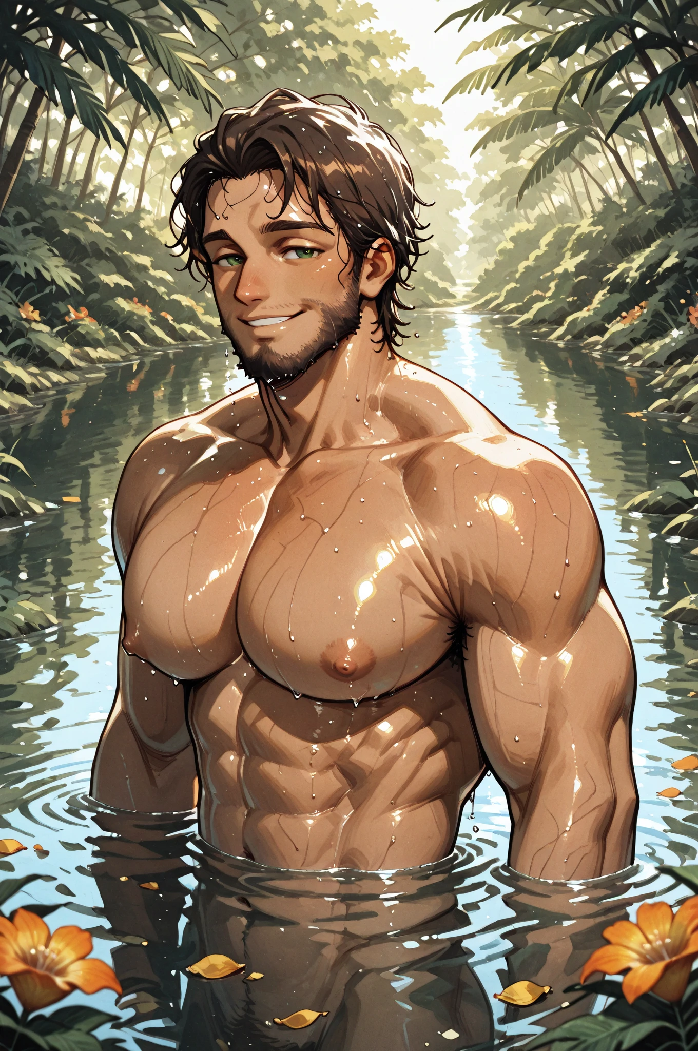 um pai maduro, cabelo de cor clara, crew cut, restolho, belas paisagens naturais, muscular, standing in the water under the waterfall, corpo molhado, nu, rosto bonito, olhos com brilho, O homem parece confiante e determinado, tiro na parte superior do corpo, half of the body in the water, cabelo curto, realistic water splashes, Paisagem islandesa, dynamic angle, volumetric lighting, (melhor qualidade, A high resolution, fotorrealista), cinematic lighting, obra de arte, foto crua, detalhes intrincados, HDR, profundidade de campo
