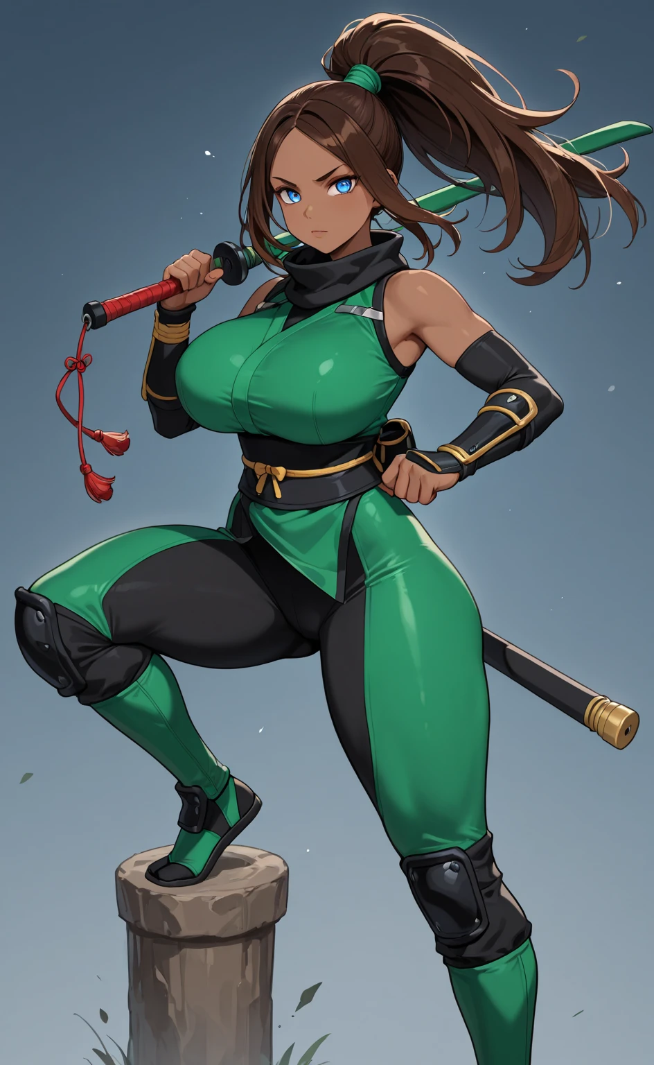8k, full body portrait of 1 character, full body character portrait, Mortal Kombat style, Unreal engine 5, masterpiece, well-drawn eyes, well-drawn face, Background: Ancient fighting temple in ruins with macabre appearance, Mortal Kombat: : Princess Peach as Reptile from Mortal Kombat :: facing the viewer, green reptilian skin, short dark green hair held in a pigtail, green eyes, ninja mask attached to the face, looking at the viewer with an evil look