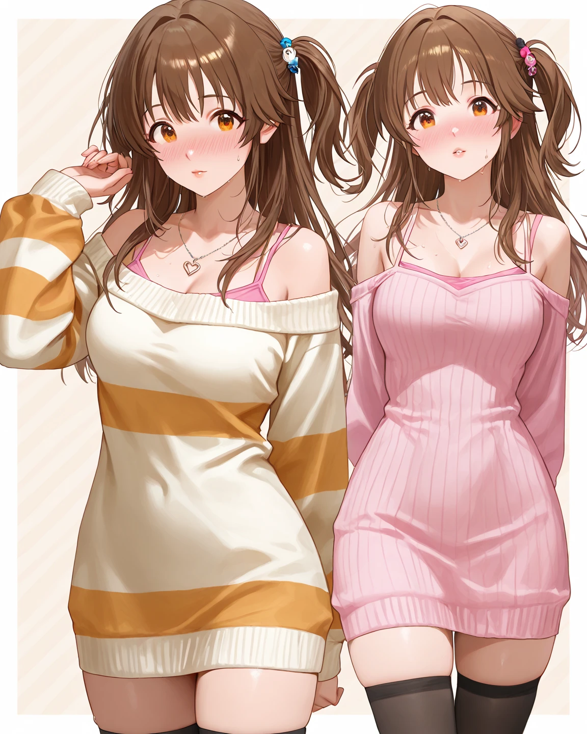 Short, curvy, brown skin, long curly brown hair with bangs, brown eyes, coquette style with pink.