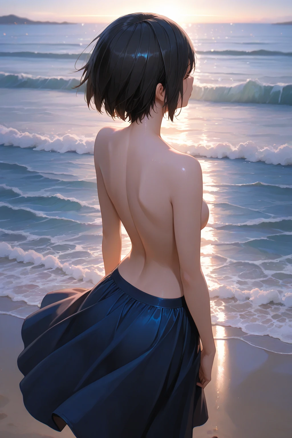 ((Highest quality)), ((masterpiece)), (detailed), (Japanese), 15 years old, Straight Hair, (Silhouette-Lighting),Girl, ,small Breasts, From Side, (naked), (blue eyes),half-smile ,Arched Back ,beach,