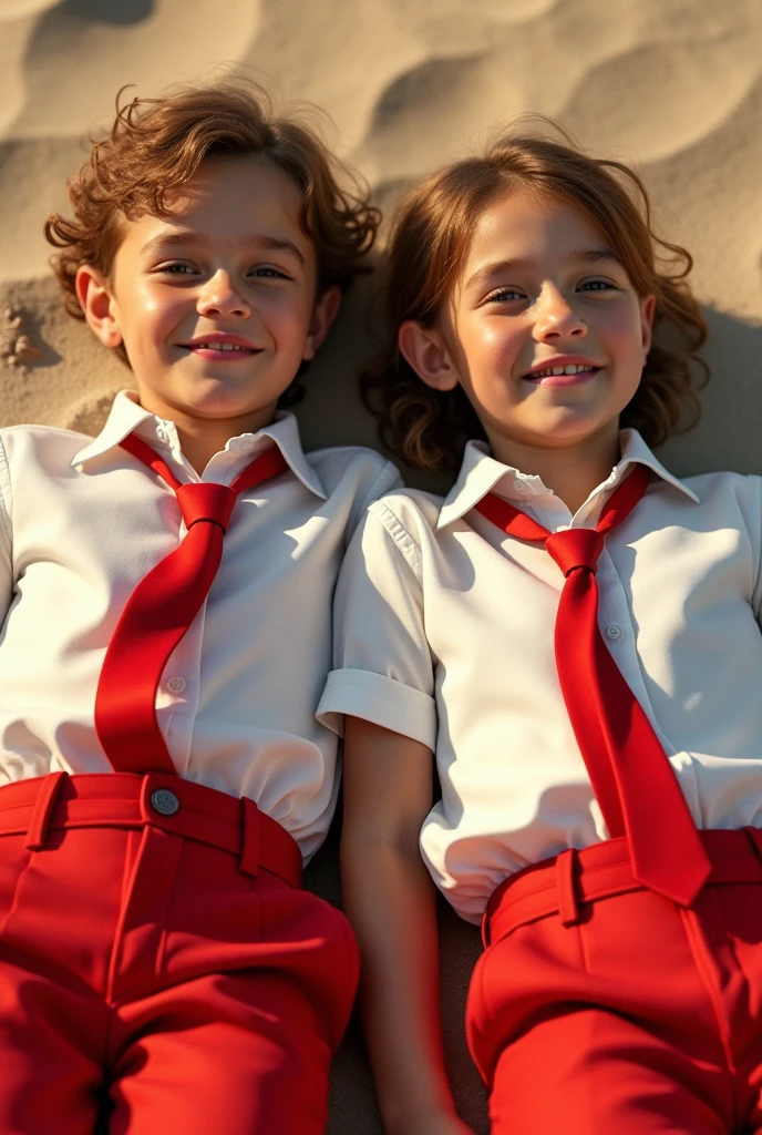 Boy and girl in vintage sports uniform in red colors, blue and white.