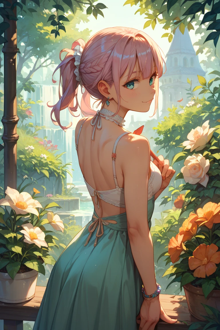(masterpiece、realisitic:1.4)、(very intricate:1.2)>、Close Shot、portlate、(The upper part of the body:1.2)、(from the front side:1.3)、191971 dresses、backless dress、(Longer dress:1.2)、(Very long hair)、A smile、breastsout、bare shoulders、Skysky、(flower field)、(Confetti)、Eau、looking at the viewers、Italian、tilt of the head、the wind、clouds、sunlights、1girl in、独奏、Pink hair、(holding a large bouquet of flowers in both hands)BREAK、ciinematic light、超A high resolution、8KUHD、film grains、perfect anatomia、Exquisitely detailed skin、 Best Shadows、Delicate、raw、hight resolution、Precise background、(Flower garden in the background)、(breastsout)Protrusion of