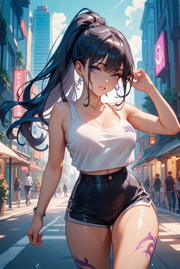 Erotic Anime Illustration、highest quality、Sex Appeal、Downtown Street、Clear face、A wall covered in graffiti paint、Splatoon、A flirtatious voluptuous gal、Perfect proportions、Very large breasts、Fatty legs、Big Ass、Beautiful, shining eyes、Sweaty、Cowboy Shot、Shibuya Rin