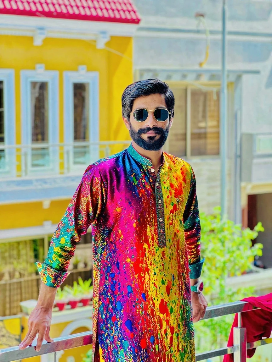 A sexy indian man wearing kurta, holi festival, beautiful background , nsfw, homoerotic , penis , handsome face, composed expression , detailed face