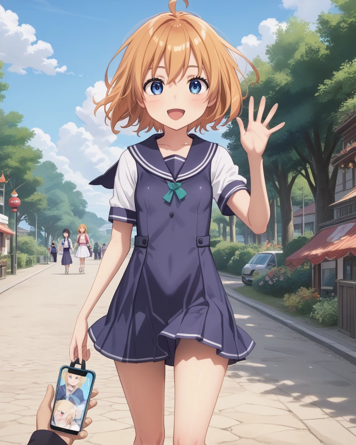 Yo Watanabe, Watanabe Yo, short hair, blue eyes, Brown Hair, smile, blush,Open your mouth,Flower Hair Ornaments,Black-rimmed glasses,Light blue sleeveless dress,Long skirt,Cute heeled sandals,Walking,Daytime,Clear skies,whole bodyがイラストに入るように
break outdoors, ビル街
break looking at viewer, whole body,
break (masterpiece:1.2), Highest quality, High resolution, unity 8k wallpaper, (figure:0.8), (Beautiful attention to detail:1.6), Highly detailed face, Perfect lighting, Highly detailed CG, (Perfect hands, Perfect Anatomy),