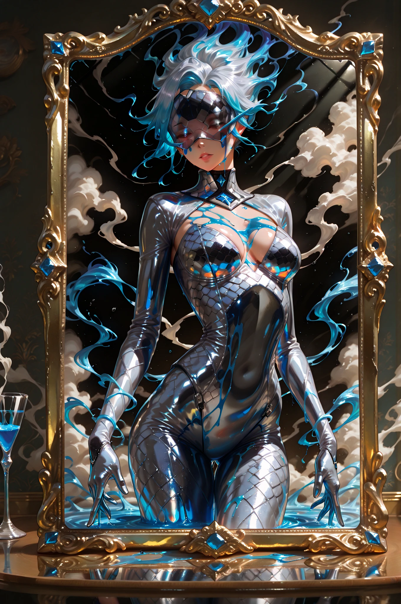 a beautiful alien woman, her skin, body and face is composed of heavy liquid gelatin, liquid crystal, transparent paint, slightly tinged with random colors, bright and vivid colors, the paint emits a faint light, you can see through her skin, her body melts with thick liquid gelatinous liquid dripping liquid fire, molten gold, surrounded by glitter, stars. planets orbiting around her