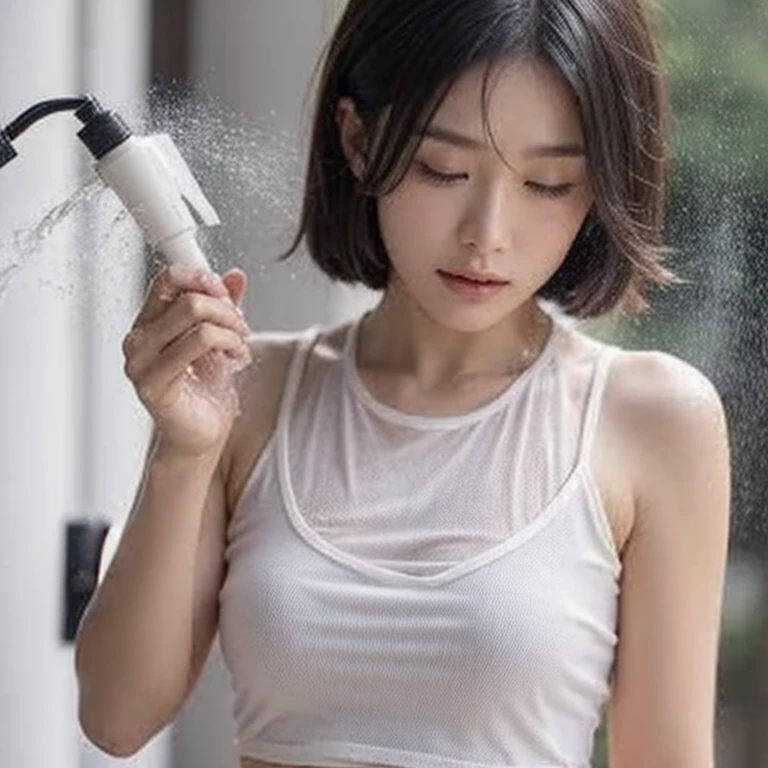 A beautiful Japanese woman in her 40s is spraying water with a long hose:1.4), {Sleeveless t-shirt with loose chest, short pants:1.4}, Realistic, Photorealistic, realistic body shape, Very detailed, highest quality, 8k, Cinematic stills, High resolution, Ideal proportions, Perfect ???????, low ponytail, wrinkles skin, sheet of spray, open mouth, smile, wet clothes, full body, front view