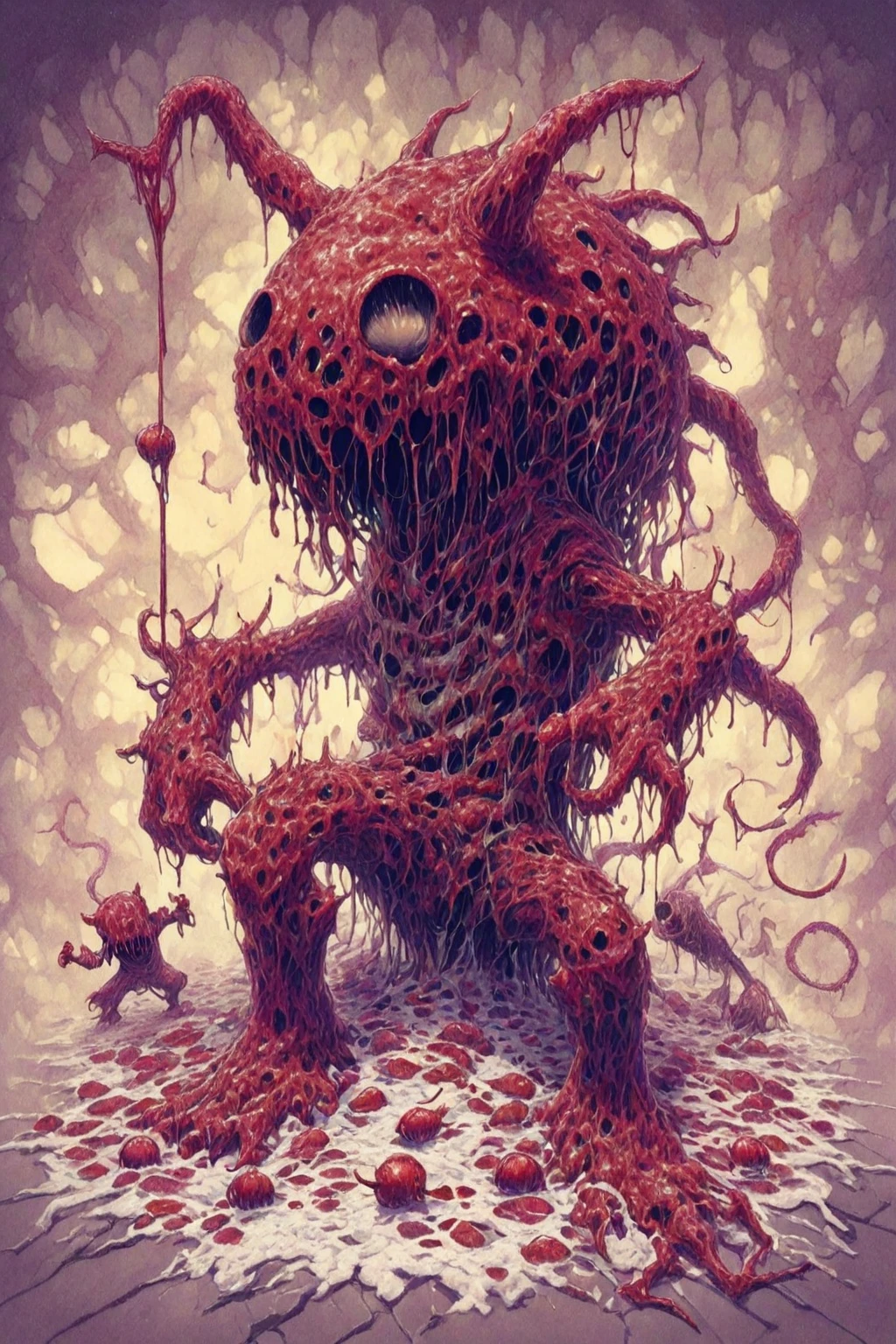 Acrylic Painting a vivid scifi illustration of fantastical surrealism DonMX3n0XL, nightmare organic Multi-eyed evil ral-melting toilet of death, horror,
rocky desert, deep canyon, dry tree, atmosphere of fear, blood, hatred
in style of ZdzisBaw BeksiDski, Jacek Yerka
<lora:DonMX3n0XL:0.4> <lora:abysues:0.5> abysues, abx <lora:ral-dissolve0.7> ral-dissolve <lora:xl_more_art-full_v1:0.7>, <lora:ral-melting-sdxl:0.25>