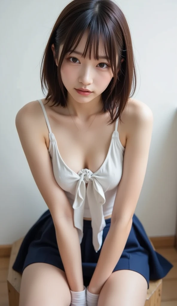 8K, RAW Photo, Best Quality, Masterpiece, Realistic, PhotoRealistic, Extremely Detailed 8k Wallpaper, Beautifully Detailed Eyes, Finely Detailed Face, 
 BREAK 
Professional Lighting, Rim Lighting, 
 BREAK 
Only 1 Girl in Classroom:1.4, Summer, 
Perfectly Anatomically Correct:1.3, 5 Beautiful Thin Finger:1.3, 
 BREAK 
1 Girl, (Grabbing Own Breasts:1.5, Undressing Shirts:1.5), 
(Underboob:1.5, Random School Uniform:1.5, Covered Nipples:1.0), 
(Very Short Bob Hair:1.5, Symmetrical Clear Eyes:1.0, Captivating Eye Reflections:1.0, 
(Kawaii), [Japanese], Wide-Set Eyes, Big Eyes, tareme, (White Skinned), Embarrassed, Blush, 
(Round Face, Round Chin), Wet Hair, Messy Hair, [Pouted Cheek]), 
(Orgasm), 
Looking Down Viewer, 
(Upward Facing Small Breasts:1.5), [Medium Buttocks Upturned:1.1, Beautiful Ideal Spherical Shape Buttocks:1.1], Skindantation:1.1, Curvy Thighs, 
 BREAK 
SFW:1.0, 
 BREAK 
(Low Angle Shot + from Bellow:1.5), Groin Focus:1.5, Dynamic shot:1.2, Bokeh:1.0