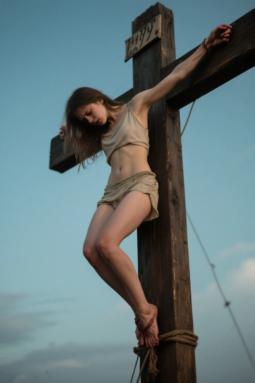 1 girl, realisitic, Raw photo, japanaese girl, (fullnude:1.9), (Beautiful and cute face:1.4), 18year old, bobhair, Black hair、(Crucifixion in the desert:1.8), (Tie your arms and legs to the cross with barbed wire:1.5)、 mid night、Moonlight