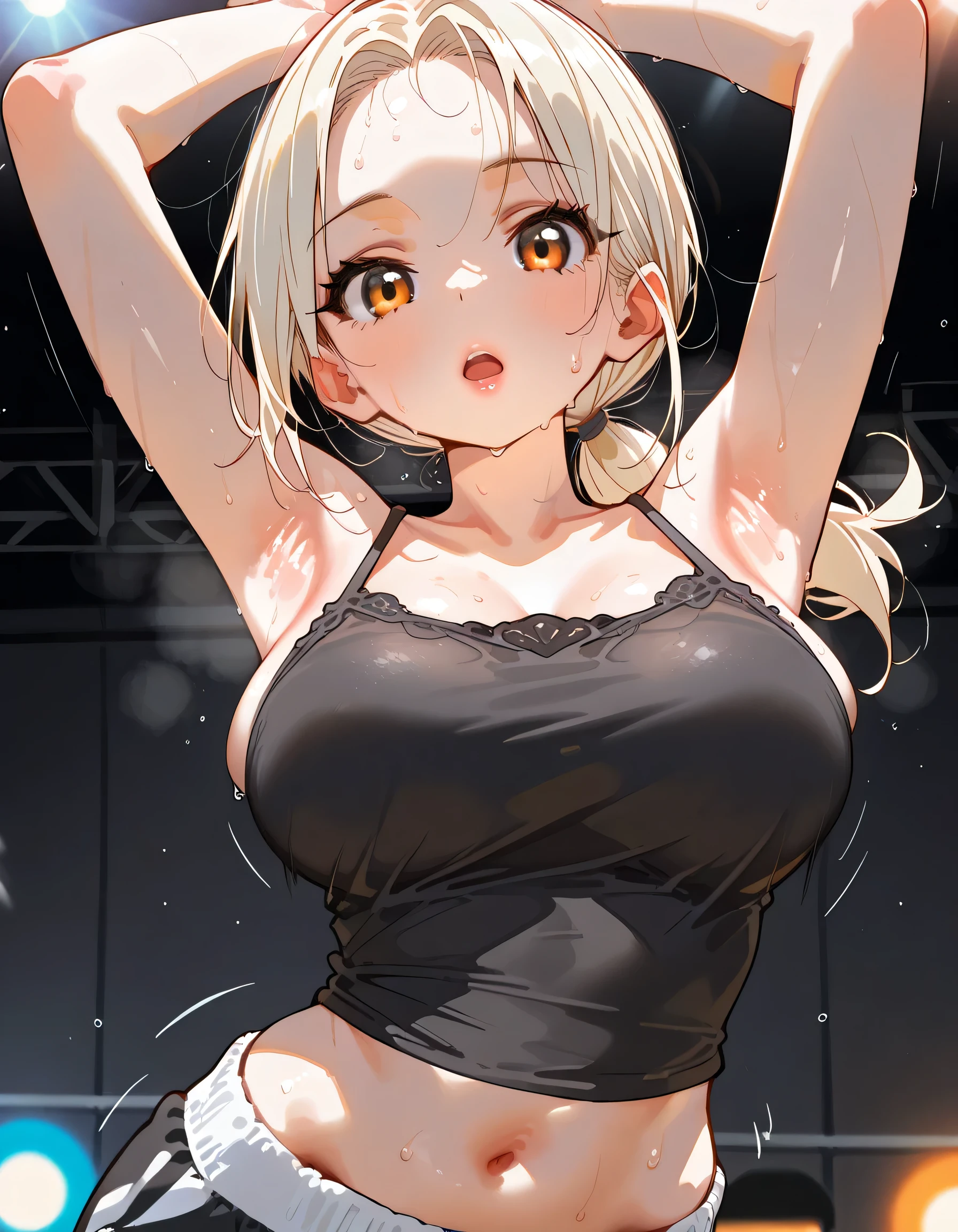 1 female,golden hair,25 years old,(((blue shiny micro tight skirt)))((white tank top))(((blush、open mouth smile)),(((straight hair))),(((portrait))),crowd,,(wet with sweat)(sexy black bra and see-through tank top)()(((small breasts)))