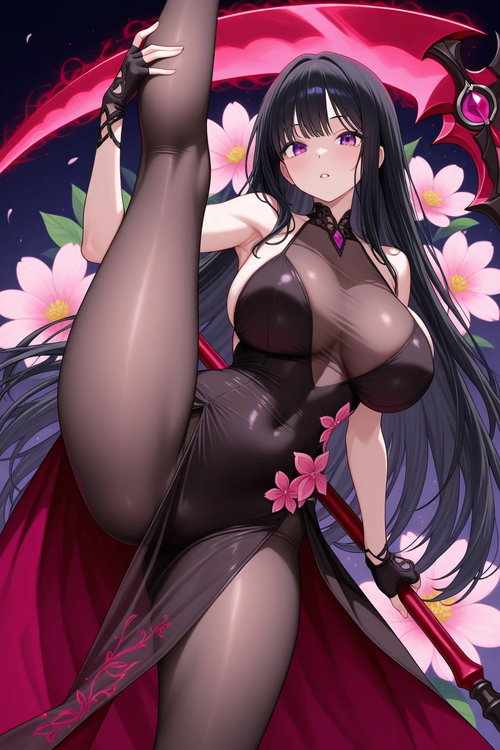 (High resolution), (32K), (very very highly detailed), (Best illustration), (beautiful and delicate eyes), (best quality), (super detailed), (master piece), (Detailed and delicate face), solo，Highly detailed face and skin texture，fine eyes，double eyelid，Spread your legs and use props、very shy、blush、spread legs，high details，Wear pin heels,(dynamic pose)，1 female, black long hair , Pitch black eyes, long legs, (camel toe)，(((big breasts)))、Exposing genitals without wearing pants，camel&#39;s toe，The protruding PUssy ，cocked ass，I grew up sexy、(((Luxurious floral pink cheongsam)))、Forehead、best style、nipple