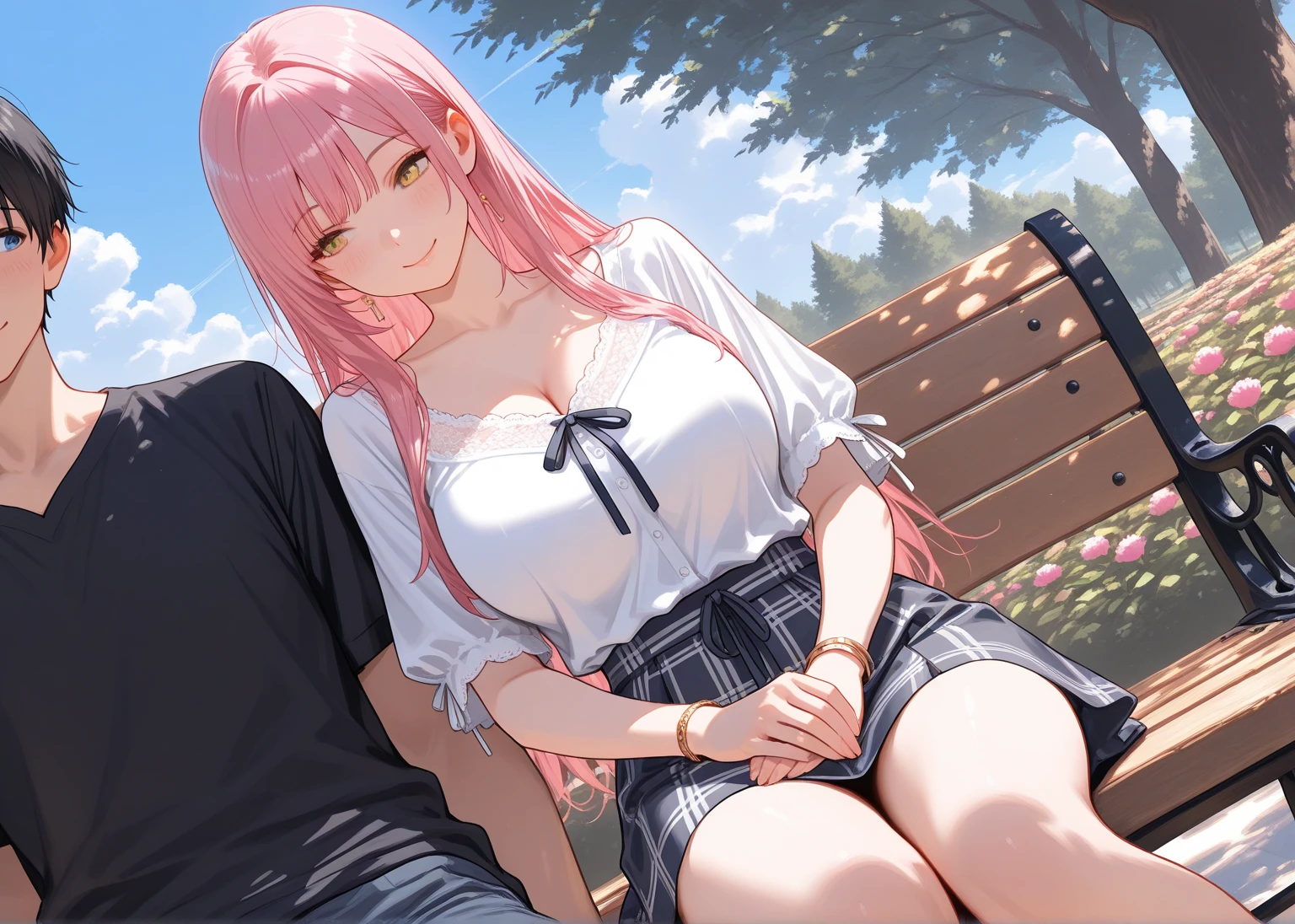 Girl with cat ears and pink hair hold her boyfriend in Green meadow Behind them is a house with pink eyes