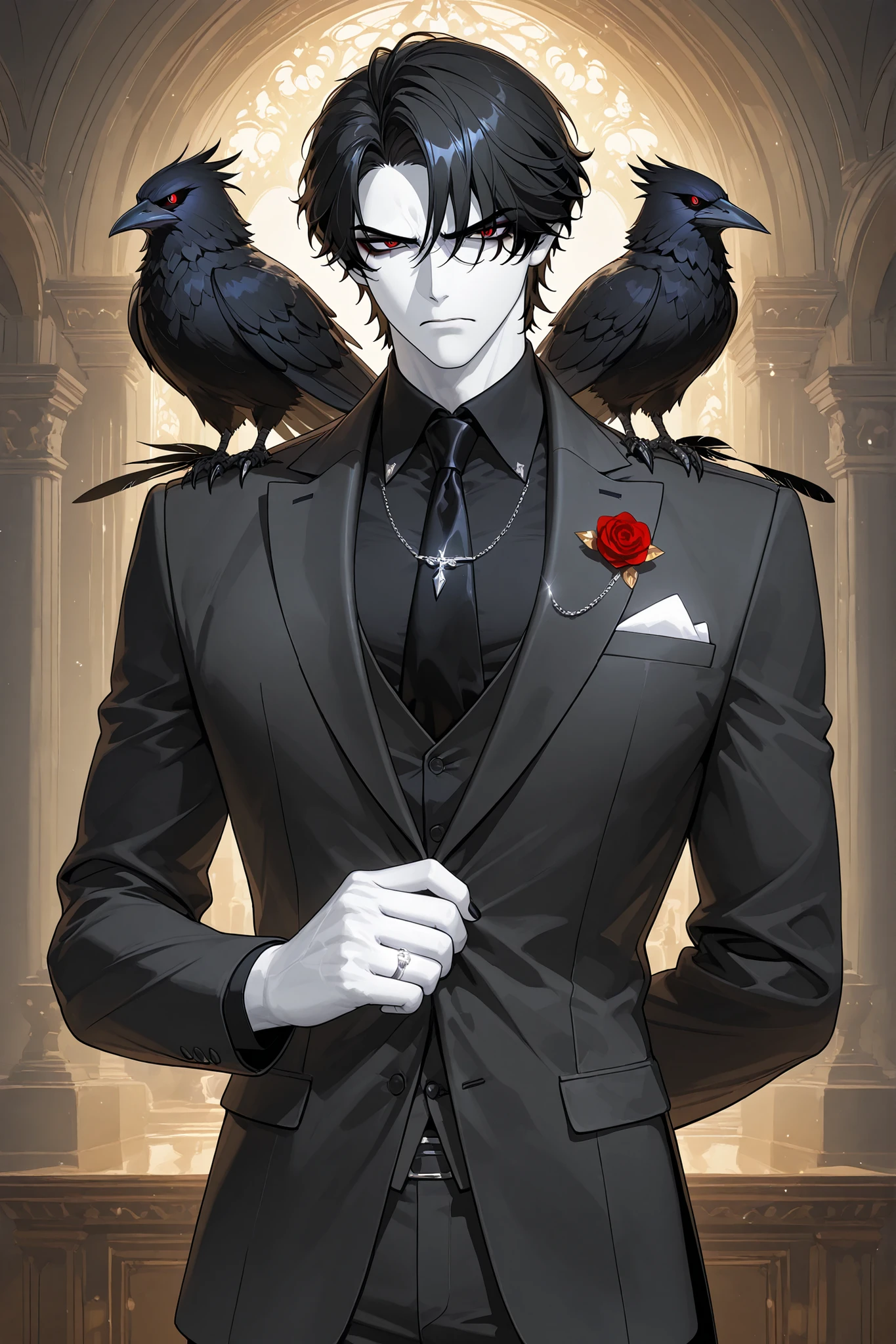 The crow beastman,crow harpy. The tall mighty middle edman broad-shouldered with masculine features. He has white skin. He has dark makeup on his face in the form of a stripe in the eye area. He has short slicken back jet-black hair,his shortcut hair was combed back. Eerily red eyes. pointed ears with black feathers. He has huge black crow wings behind his back. He has black nails with one silver wedding ring on his arm. He is dressed in male three-piece black suit: jacket , vaist, black shirt, and men's tie decorated obsidian black crow feathers. He wears a Carnival of Venice black raven half-mask on his face. He has a stern/angry expression full of hatred. On the background: Ball hall in art Deco style.