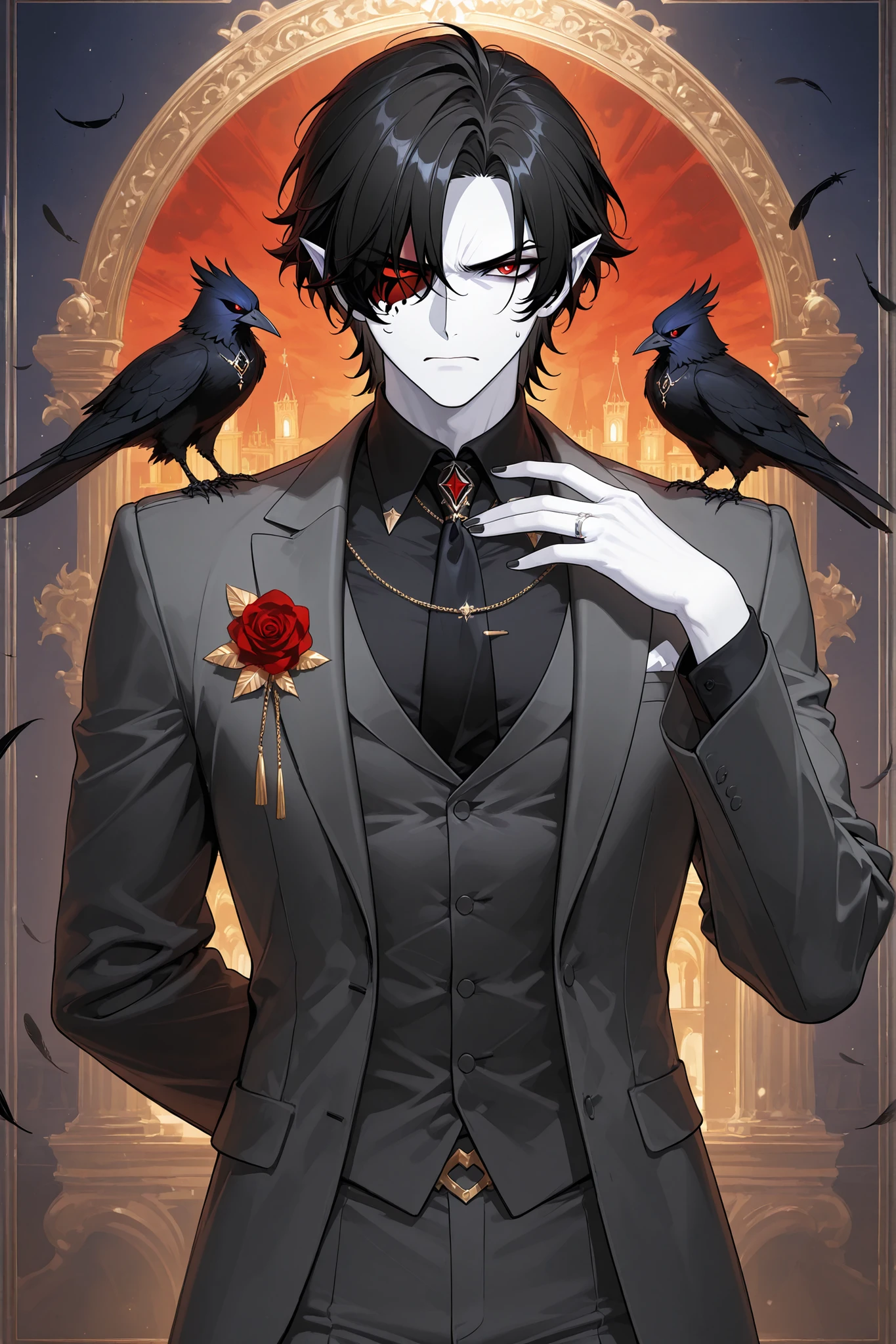 The crow beastman,crow harpy. The tall mighty middle edman broad-shouldered with masculine features. He has white skin. He has dark makeup on his face in the form of a stripe in the eye area. He has short slicken back jet-black hair,his shortcut hair was combed back. Eerily red eyes. pointed ears with black feathers. He has huge black crow wings behind his back. He has black nails with one silver wedding ring on his arm. He is dressed in male three-piece black suit: jacket , vaist, black shirt, and men's tie decorated obsidian black crow feathers. He wears a Carnival of Venice black raven half-mask on his face. He has a stern/angry expression full of hatred. On the background: Ball hall in art Deco style.