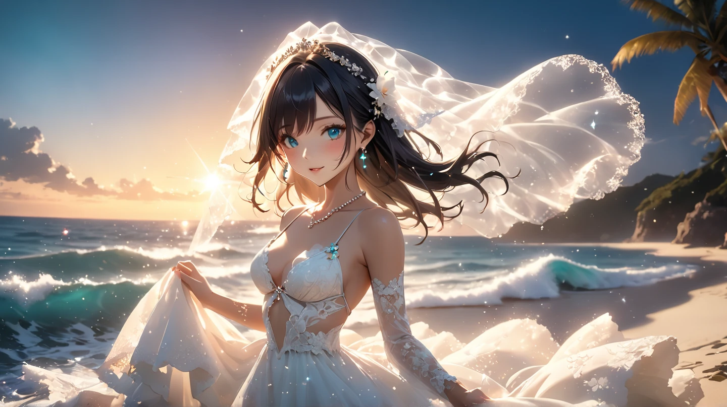(A 7 year old girl:1.2), (Very young little girl), Change, (alone), (small breasts:1.2), (wide angle), (white lily flower), original photo, Aesthetic, complex, won, cybernetic enhancement, chiaroscuro, best quality, Detailed background, (Ooth atmosphere:1.2), (cloudy day),((Girl in heavy silk wedding dress:1.2)), very large wedding dress, Large lace texture wedding dress, Very long wedding veil, best wrinkles, real wrinkles, Best shadows, (walk through (foggy seaside)), (real location), Exquisite and beautiful eyes, casual gesture, Detailed texture, pose, (anatomically correct body, Detailed face, (非常Detailed texture婚纱，with tiny patterns), (black hair), thick hair, hair accessories, Heart, Outdoor activities, white dress, sky porn, (Beautiful and detailed sea:1.1),( beautiful fine sand:1.1), (Mountain), yukata,(cloudy, Ooth)