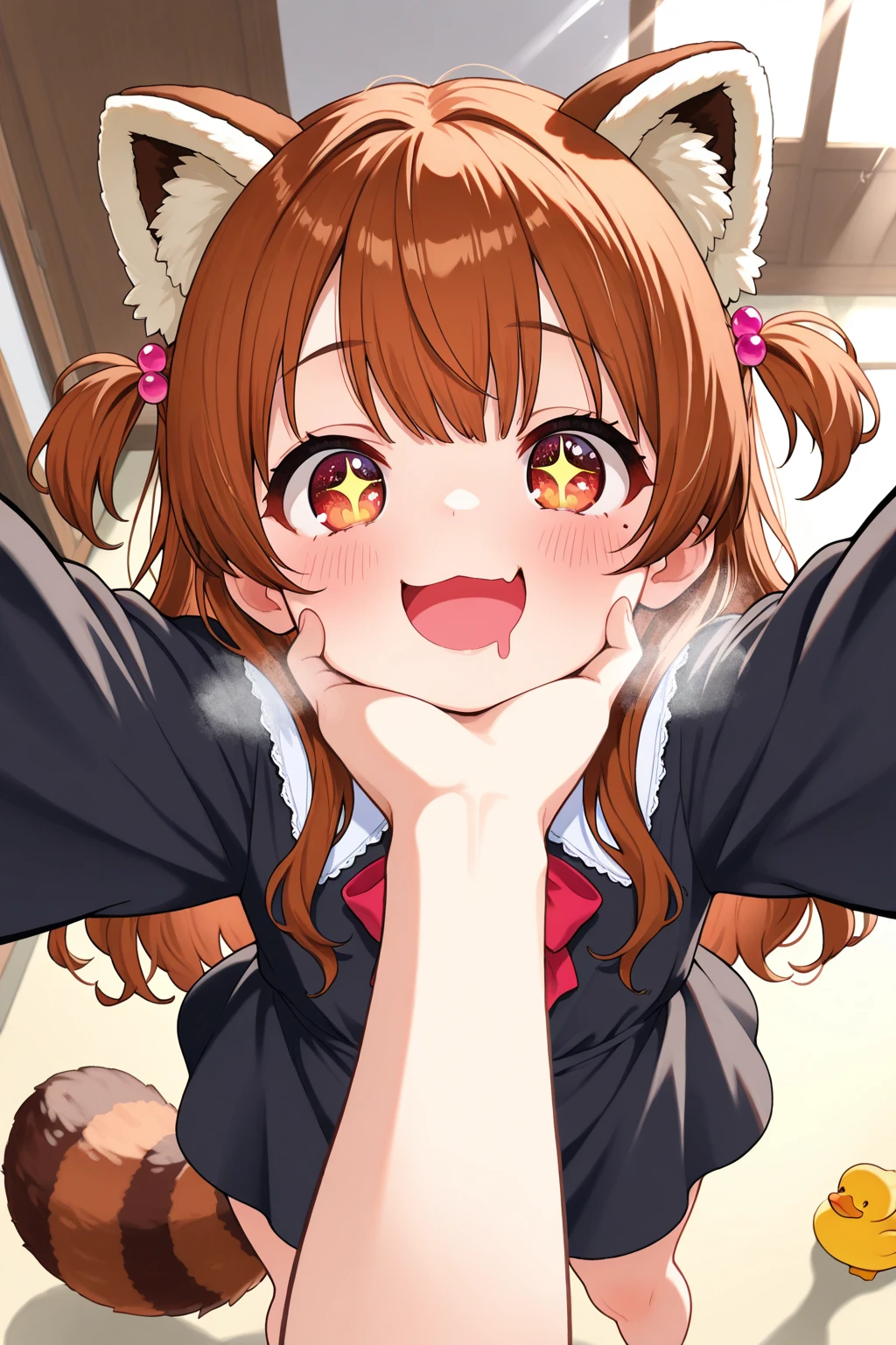 Score_9, Score_8_up, Score_7_up, Score_6_up, Score_5_up, Score_4_up, source_anime, anime style, anime screencap, 1girl, aihara enju, black bullet, orange hair, long hair, flat chest, twintails, hair ornament, cute, cum on mouth, upper body, penis licking, happy