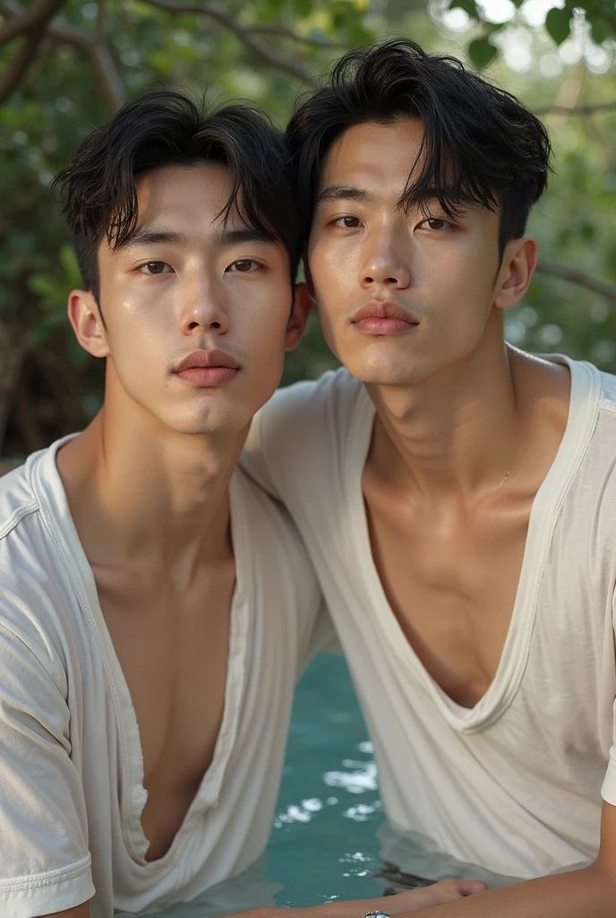 Two male lovers in their 20s taking a photo...., Wear a navy shirt......................, high resolution, masterpiece, best quality, head:1.3,((Hasselblad photos)), delicate skin, Full chest muscles，abdominal muscles，topless，very handsome，clear focus, (Cinema lighting), night, soft light, dynamic angle, [:(Detailed face:1.2):0.2],(((exercise))), Sporty, Arm muscles are big........., hands on hips.