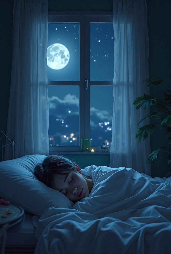 Create an image where a child is asleep and hears the window creaking. The moonlight filters through that window and reflects only a dusty mirror behind a bookcase in the mansion room.