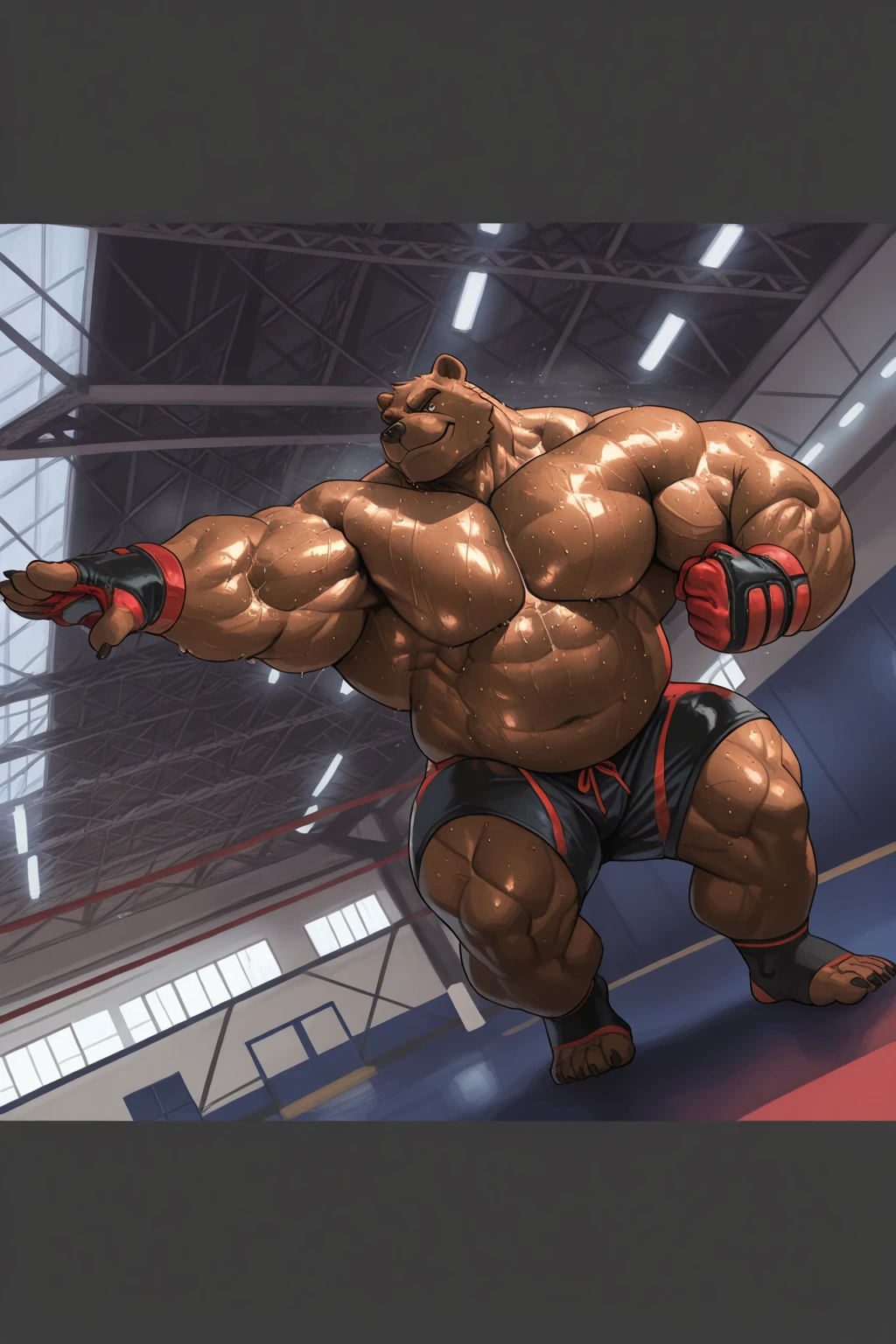 Solo, 1boy, huge muscular kodiak brown bear in big gym fitness center, big smirking, kodiak bear, huge brown fur, thick arms, huge arms, big fists, veins all over arms and chests, bald, big brown mustache and beard, (muscular, pectoral, wide pectoral, thick arms), HEIGHT: 220CM, WEIGHT: 370KG, belly with abs, gym sets, workout equipments, ring, punching bag, 8k, masterpiece, added cinnamon colored eyebrows, deatiled eyes with red pupils, (wearing black mixed martial arts shorts with red slits, black mixed martial art fingerless gloves with red pads, black toeless footwear tapes, shirtless and topless), punching and kicking techniques, bigger, harder, stronger.