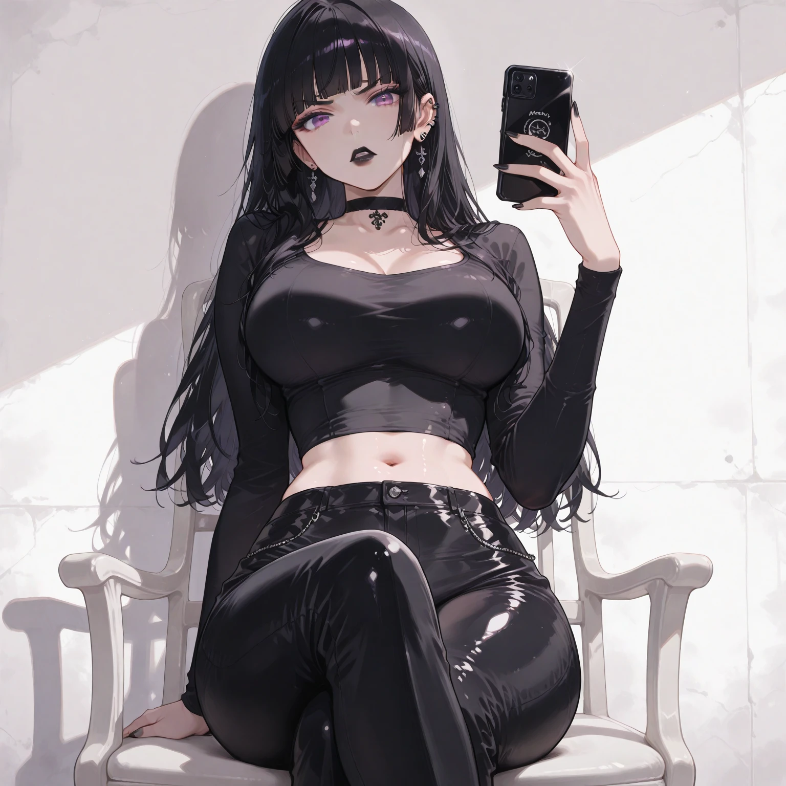gothic woman, pale skin, black lipstick, pelo negro largo y liso con flequillo, spiked choker, ropa negra, pechos grandes, cintura delgada, Caderas anchas, cara atractiva, camiseta negra, pantalones cortos negros, spiked bracelet, Talking on a cell phone, en una llamada de celular, sitting on the couch