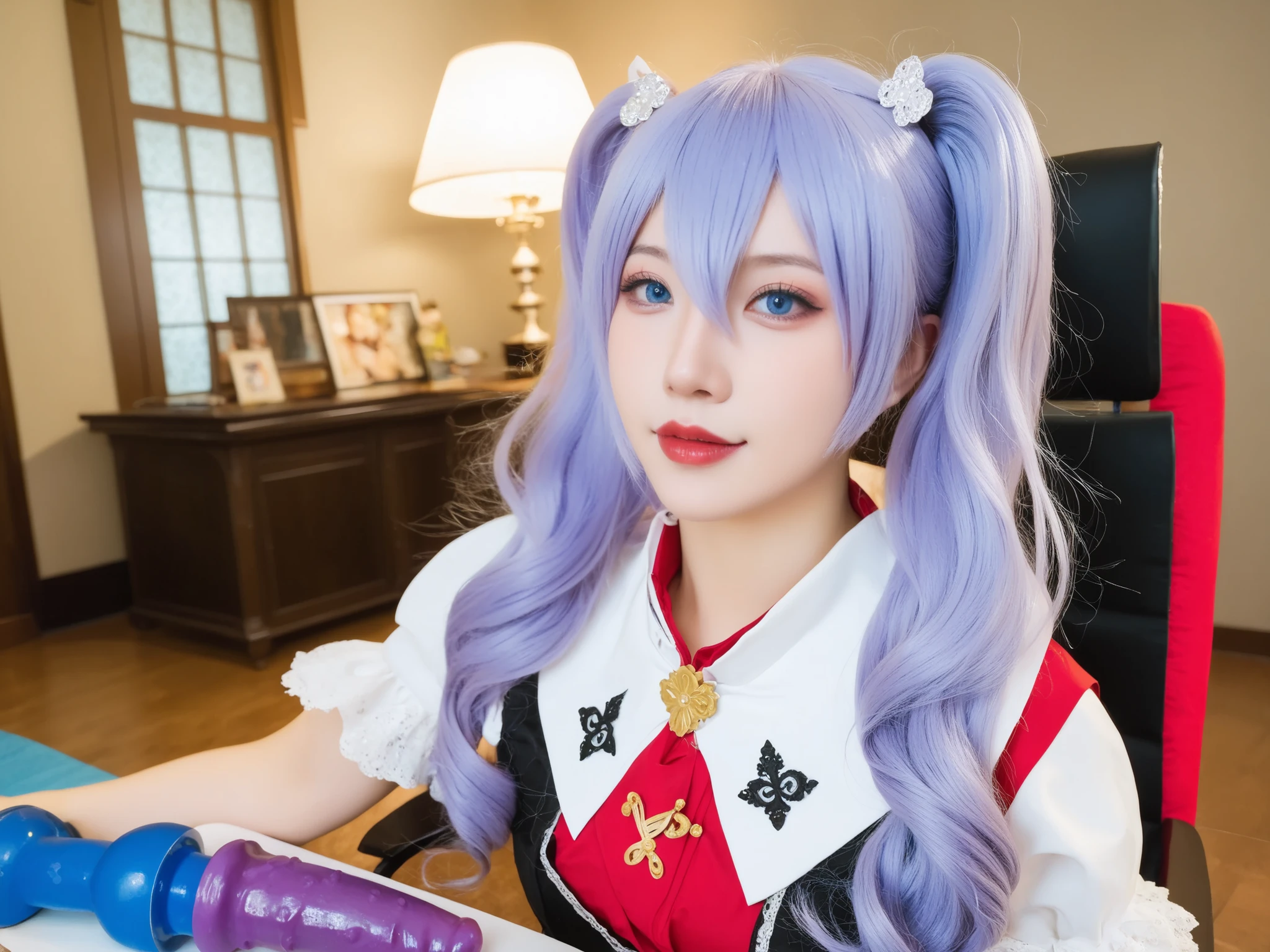 foto de corpo inteiro, nagomis1_cnr, 1girl, light purple hair, hair between eyes, blue eyes, small breasts, long hair, twintails,  em um bralette preto, mãos atrás das costas, corando, visivelmente sem fôlego com os olhos arregalados, desentada de pernas abertas no corredor perto de uma porta,  gola apertada no pescoço, profundidade de estilo DSLR fotorrealista,  pele real,textura da pele, ela está sentada em uma masmorra medieval, ela está sentada mostrando a buceta, ela está com a roupa rasgada mostrando as tetas, dildo na buceta, pele real,textura da pele,traços corporais detalhados