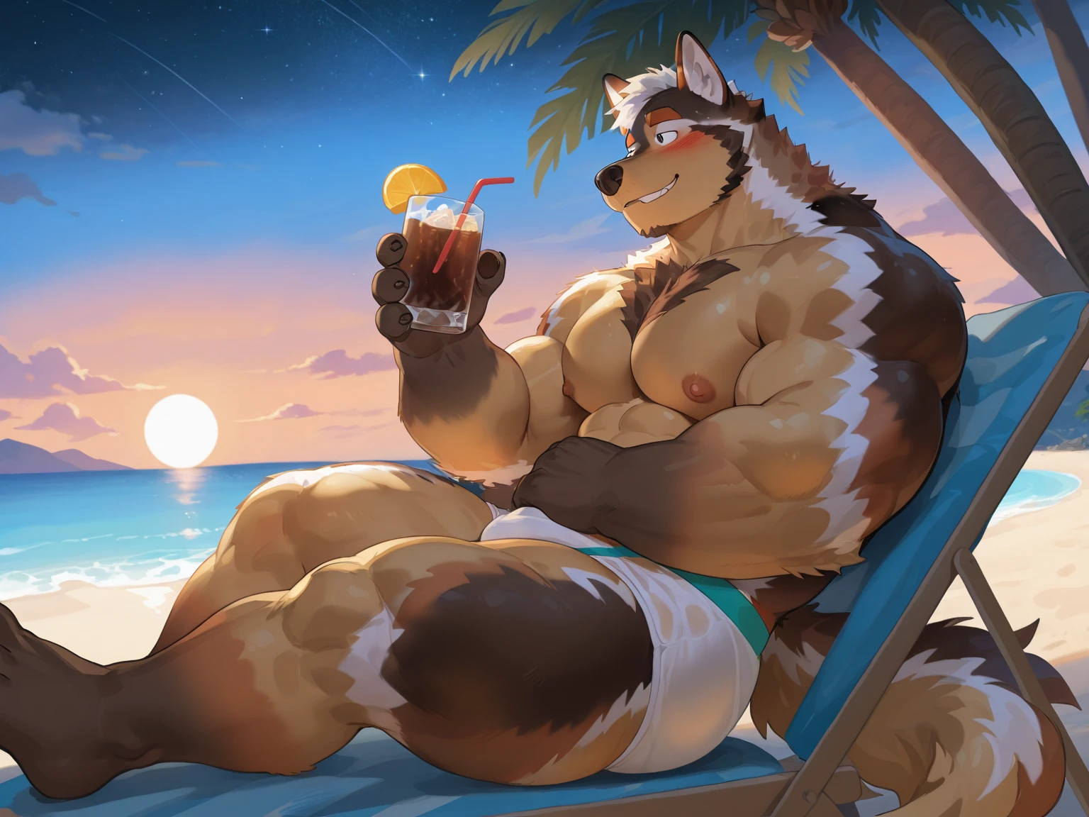 kemono, anthro (wolf), male, (wolf), (((laying on))),beach , (((open legs))), (((holding) icecream)),(cone icecream),((melting)),(splashed , spilted ,milk ((on belly))),sweat, pillows, brown body,white belly,muscular:1.3,correct anatomy, correct finger,blue panties, underwear bulge,corrcect wolf tail, (oiled fur), reflection,pleasured facial expression, (joyful), ((closed eyes)), (open mouth), canine tooth,kenket, Ross Tran,ruan jia, trending on artstation,foxovh, cenematic lighting, ,hd, sunlight, crepuscular light, dark shadows, wide dynamic range, hdr, low light:1.2, by Pino Daeni, (by ruaidri), by virtyalfobo