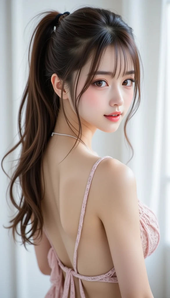 Canon RF85mmf/1.2,masterpiece,highest quality,ultra high resolution,1 girl,(korean mixed,K-POPアイドル:1.2),alone,white_shiny_skin,black eye,necklace,((Brown_length_wavy_hair)),((pink_shiny_lips)),eyelash,前hair,deal with,compensate,shiny,pore,skin大きな胸,knit dress