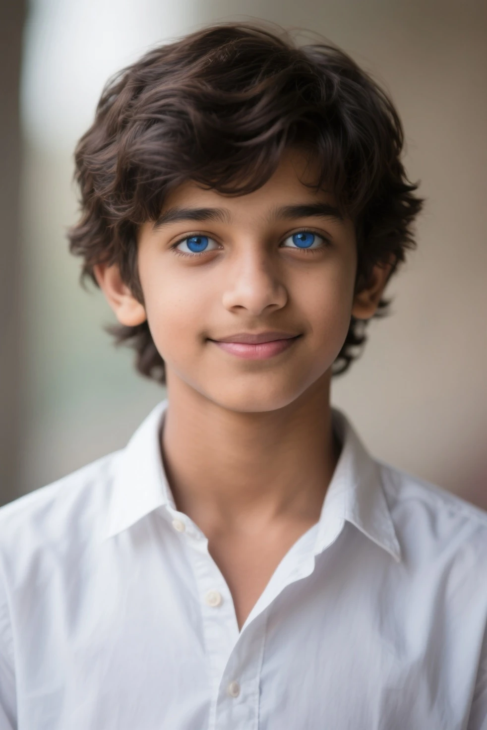 Young boy black hair light blue eyes white skin American Greek god