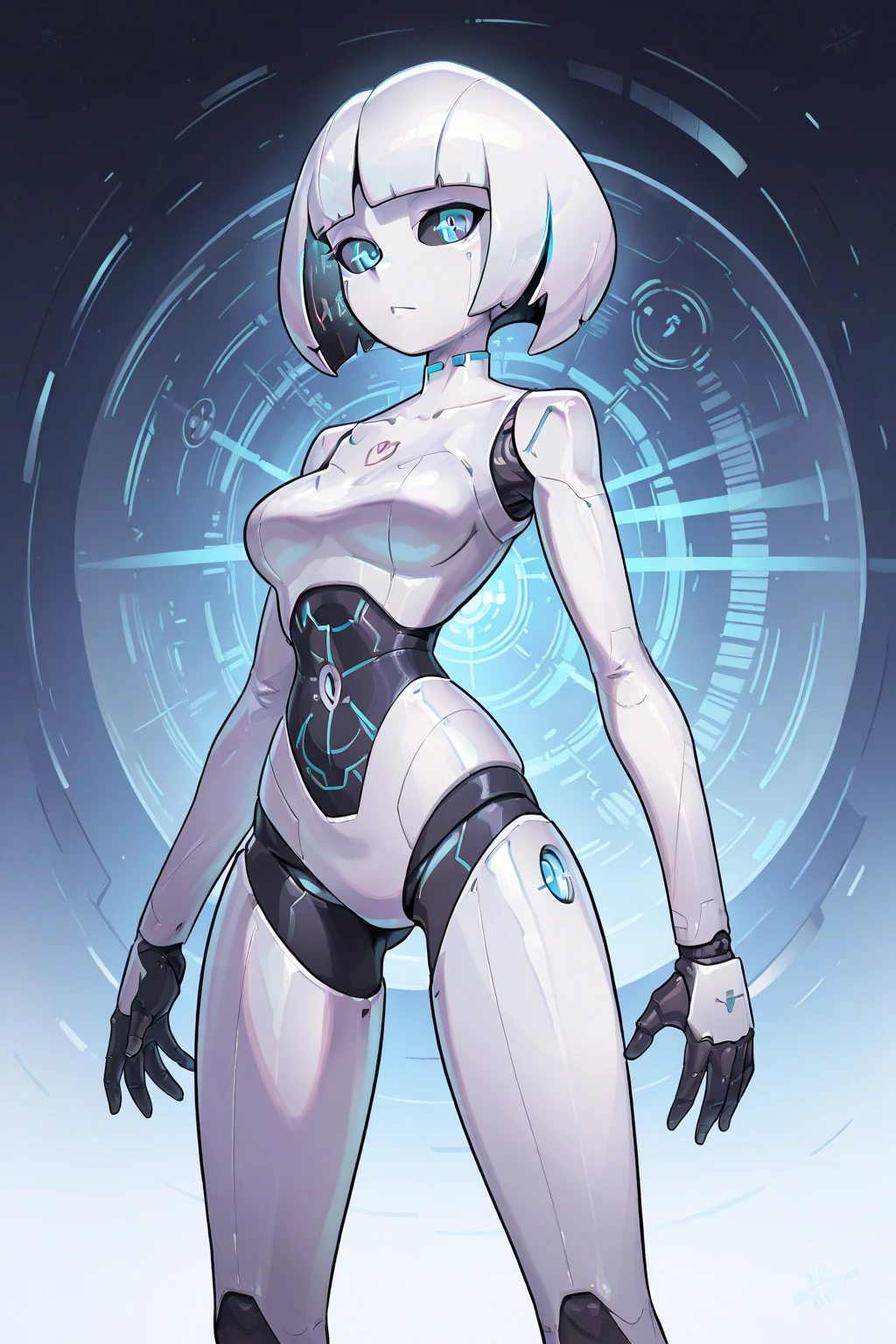 1 girl, thin body, dynamic poses, (accurate medium breasts:1.2), ultra-detailed, (viewer facing:1.2), (bright sunny day:1.2), (Intricate body details:1.3),(best quality:1.2), (Ultra Highres:1.1), carefully drawn hands, highly detailed face and eyes, (short dark blue hair:1.3), short bobcut, (huge ahoge:1.3), (glasses:1.3), (big yellow eyes:1.2), (sexy gynoid girl:1.2), (partially nude:1.2), full body shot, standing, front view, (futuristic library), bookshelfs, books, blury background, (transparent skin:1.2), internal glow from skin, mechanical parts of the robot are visible through the skin, doll joints, refphotofront