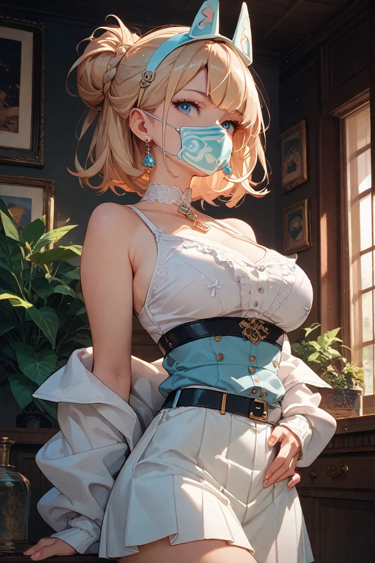 Beautiful woman is shown to have a athletic figure, she is wearing a beautiful nsfw dress, (aafranziska, light blue hair:1.5), ascot, (topless, nsfw, exposed breasts), puffy sleeves, pencil skirt, pantyhose, black gloves, jewelry, earrings, (black bunny ears:1.4), black lips, (thin black blindfold:1.7), (tears, crying:1.4), closed mouth, girl standing in street, (looking down:1.4), sexy session, (arms behind back:1.7), exposed cleavage, (abs), cowboy shot, facing viewer, superior quality, many details, realistic