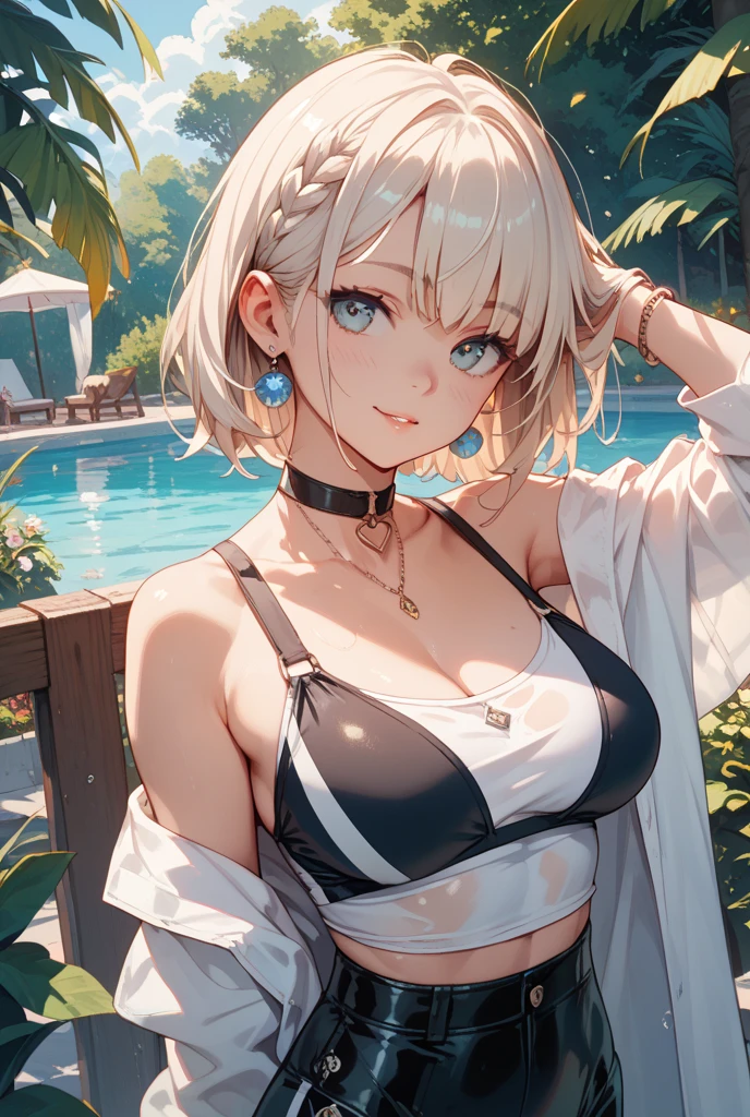 (best quality,4k,8k,highres, masterpiece:1.2), ultra-detailed, (realistic,photorealistic,photo-realistic:1.37), HDR, UHD, studio lighting, extreme detail description, professional, vivid colors, bokeh, (illustration), (watercolor), (ethereal fantasy:1.1), (soft pastel:1.2), (luminous glow:1.1), (dreamlike atmosphere:1.1), (subtle surrealism:1.1), (magical elements), (tranquil garden setting), (1girl), (platinum blonde hair), (short hair), (black swimsuit), (sparkling water), (lush greenery), (colorful flowers), (sunny day), (gentle breeze), (reflective pool), (serene ambiance), (harmonious aesthetics), (calm and peaceful mood), (lovely nature), (elegant posture), (confident expression), (graceful movements), (playful interaction), (captivating gaze), (ethereal beauty), (intense gaze), (expressive eyes), (charming smile), (stunning features), (fashionable attire), (embroidered details), (intricate patterns), (floral motifs), (glistening embellishments), (unique bikini design), (feminine grace), (magical aura).
