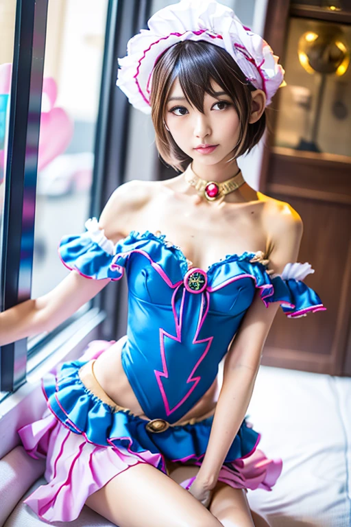 nsfw,Small breasts,Blue Hair,Hair above one eye,Green Eyes,smile,tights, ((Pink magical girl costume)),Removable sleeves,beret,ribbon,stripedsocks,(masterpiece,Best image quality,Highest quality)
