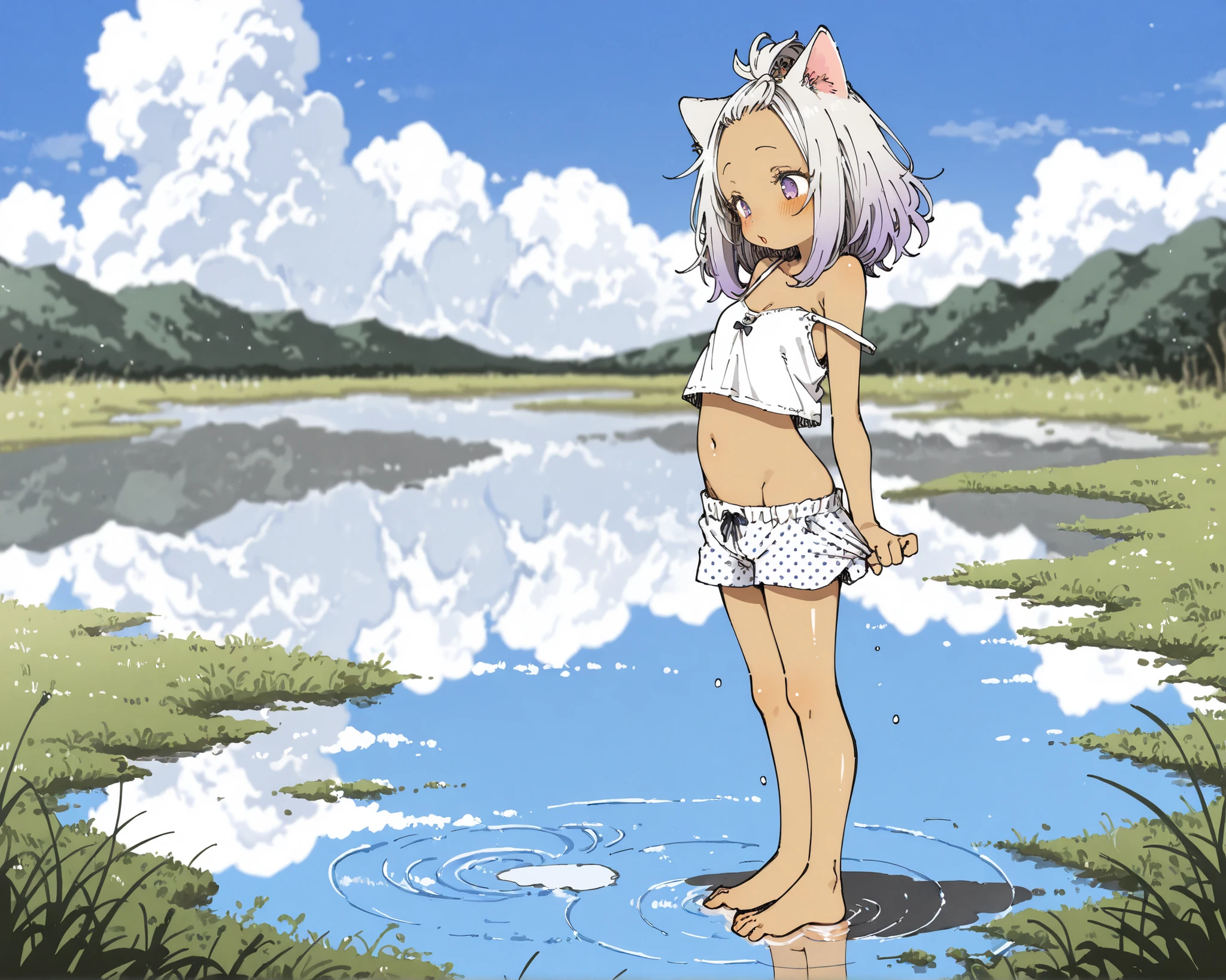((Abara Heiki Style)), ((Masterpiece)), ((best quality, amazing quality)), ((very aesthetic, absurdres, newest, detailed background)), ((detailed background, negative space, blurry background, depth of field)), (flat color, flat shading), (from side, full body), ((1girl)), Cute young Girl, (Healthy Gaunt body, Textured skin, small , tilt head), ((brown-skinned)), (pale purple eyes, gradient eyes, looking down eyes), platinum-gold hair, bangs pinned back, cute forehead, long sidelooks, gradient hair, blue color Hair Tip, (medium hair), open mouth, ((fidgeting face, lovestruck, blush)), (cute cheeks), glossy lips, pouty lips, (lower eyelashes), (tilt head), put on cat ears, BREAK, ((loose croptop, croptop overhang, strap slip, wearing white sheer croptop, shoulder, cute navel)), slightly exposed small , slightly exposed cleavage, ((polka dot medium shorts, pulling shorts, pull by self, slightly exposed lower abdomen)), ((Posture with hip thrust out, loose standing on the puddle reflecting the sky, wide shallow lake, outdoor)), (reflection:1.3), ripples, splashing Water droplets, bright sunlight, Beautiful landscape, cumulonimbus cloud, white background, (Backlighting allows the silhouette of the body to show through the croptop),