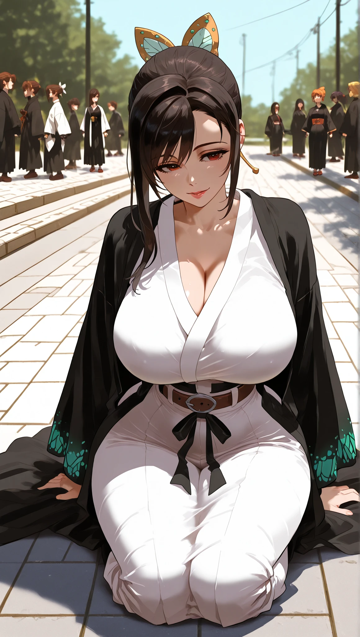masterpiece, best quality, high quality ,Large Breasts,, ((Cleavage))((Cleavage))Black_hair, long_hair, hair_pull_retreat,separate_Lips,purple_Eye, White Kimono , park retreatground , (blush:1.2) , sitting , bench , Tree , Looking at the audience,