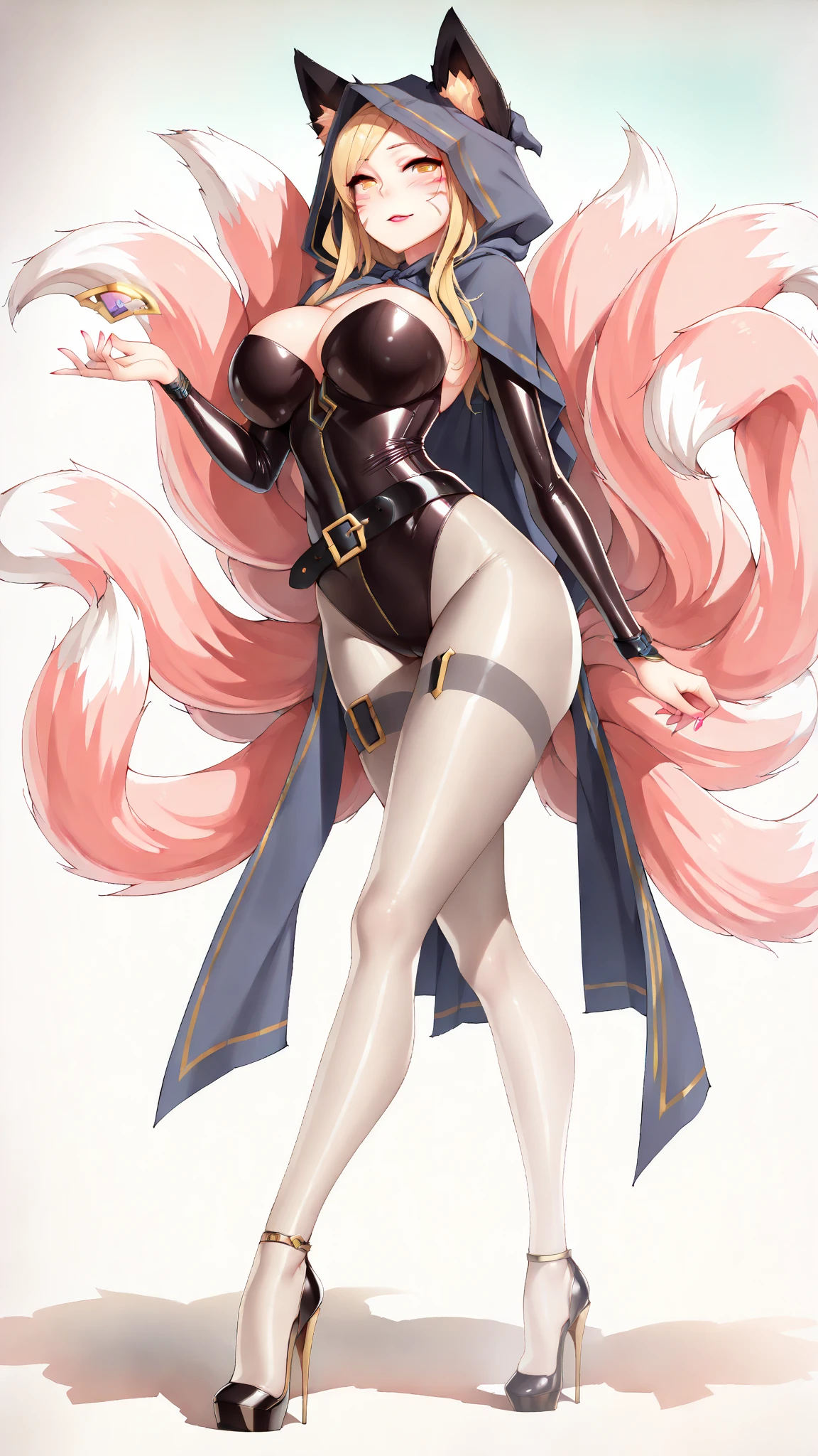 masterpiece, highest quality, (perfect face:1.1) , (high detail:1.1), dramatic, long hair, curvy, large, moon, see-through, night, dress, thighs, navel, half dress, choker, bare shoulders, lips, pelvic curtain, toned pelvis, toned hips, milky hips, navel piercings, body piercings, huge breasts, sandals, neck chains, castle, detailed background, art by artgerm and greg rutkowski, cinematic lighting, a closeup portrait of a playful woman, 25 yo, Ana de Armas, natural, amazing body, pronounced feminine feature, speaking, laughing, (pink hair with white tips), freckles, flirting with camera, side boob, (transparent material), ((cameltoe)), (gold, freckles, nearly naked, underboob), sheer loin cloth, thigh gap, ((Fox ears)), dynamic pose, ((1girl))