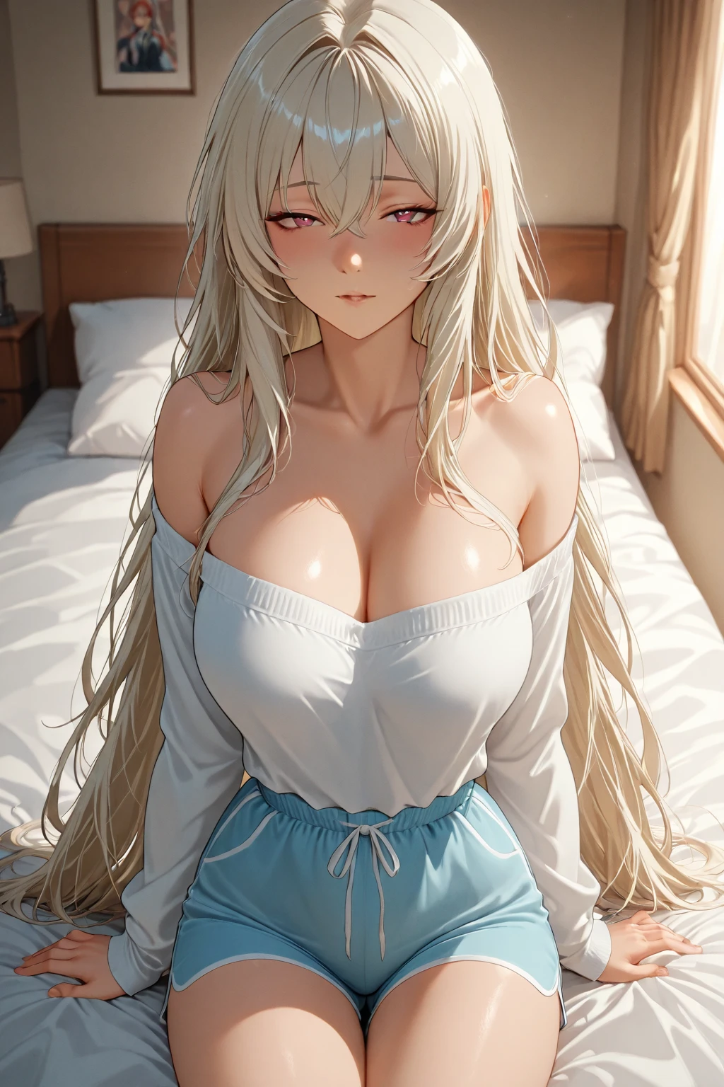 (top quality、masterpiece、very high resolution、Ultra high quality、High quality pixels)、perfect eyes, perfect face, alone，8k, large breasts，(Detailed description of hair), (Detailed description of face),(detailed description of body), Fair and translucent skin, gorgeous, long legs, facing the audience, Professional photography lighting，(Detailed yellow eyeball: 1.2), white hair, Girlfriend style, gentle expression, cowboy shot, (white oversized formal shirt: 1.2), model posture, pantless, (long shirt covering underwear:1.3), girlfriend ssmile, Sit, bed, horse ear, long straight bangs, long straight hair, lying down on the bed