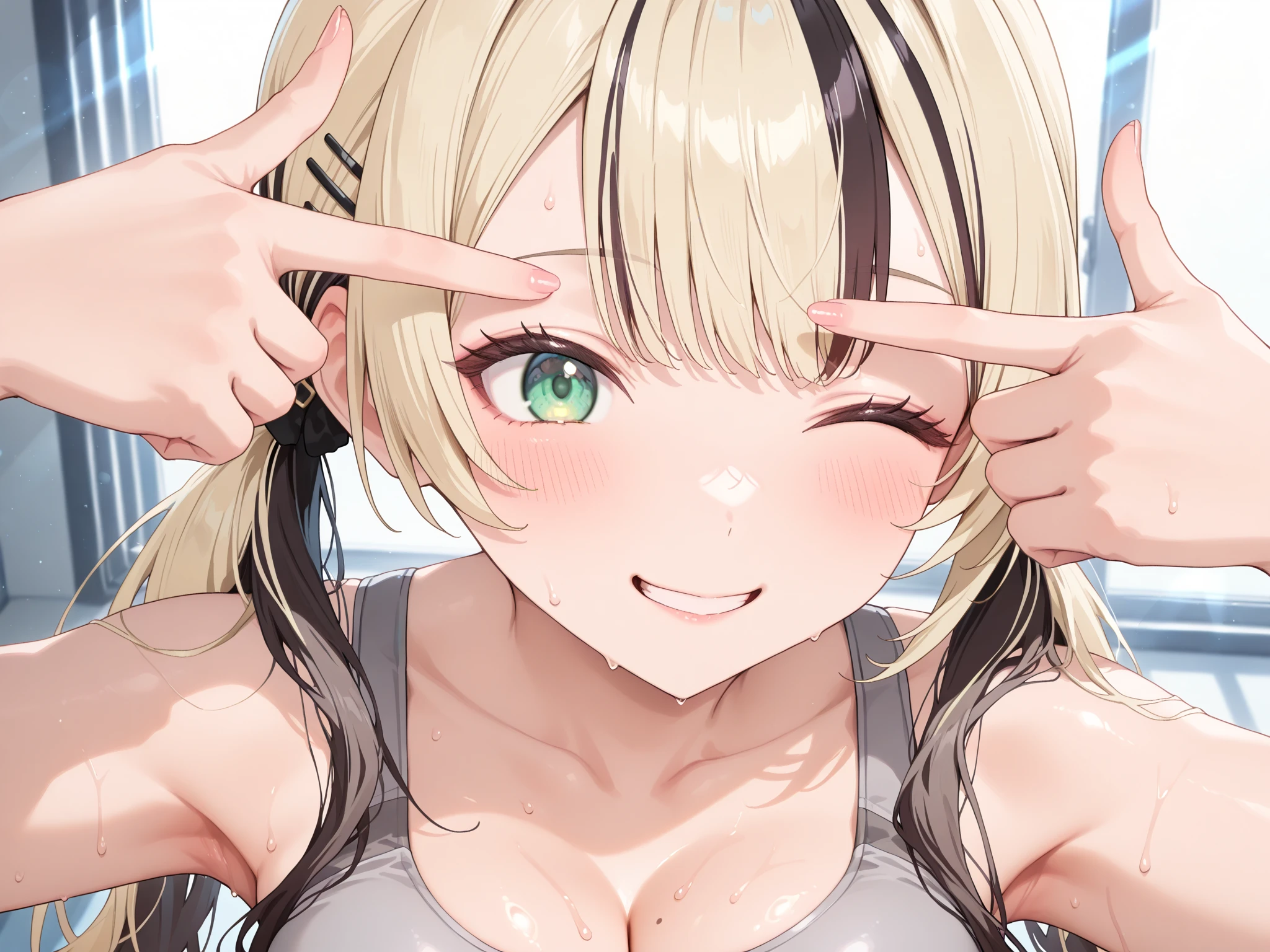 masterpiece,16k,8k,Delicate expression,highest quality,high resolution,High resolution,Sweat,1girl,look at viewer,blush,happy smile,sweat stains,steam,wet,fish eye lens,cowboy shot,summer,from front,from above,(pov:1.4),fisheye lens,upper body,show your oral,open mouth,kiss,long tongue out,show off armpits,sleeveless,pool,blond hair,green eyes,cat eyes,sitting