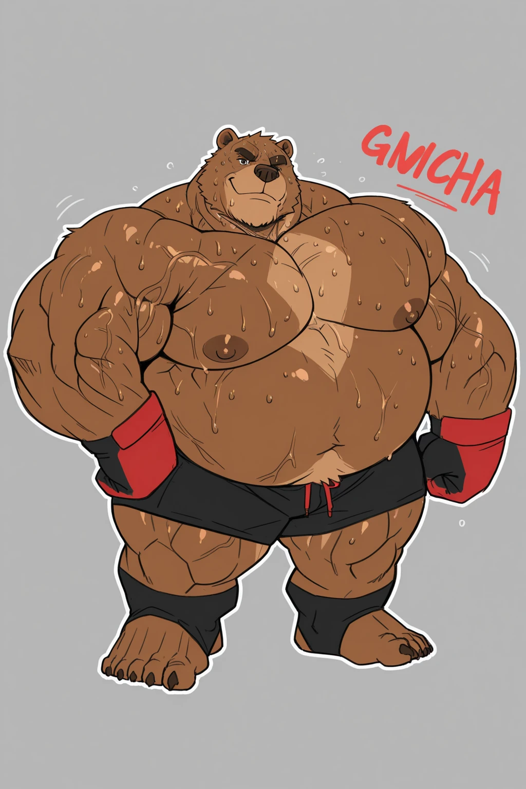 Huge muscular thick Polar Bear bodybuilder shirtless in black gym shorts and wristbands flexing and posing at the mirror looking at his muscles pumped and swelling up.