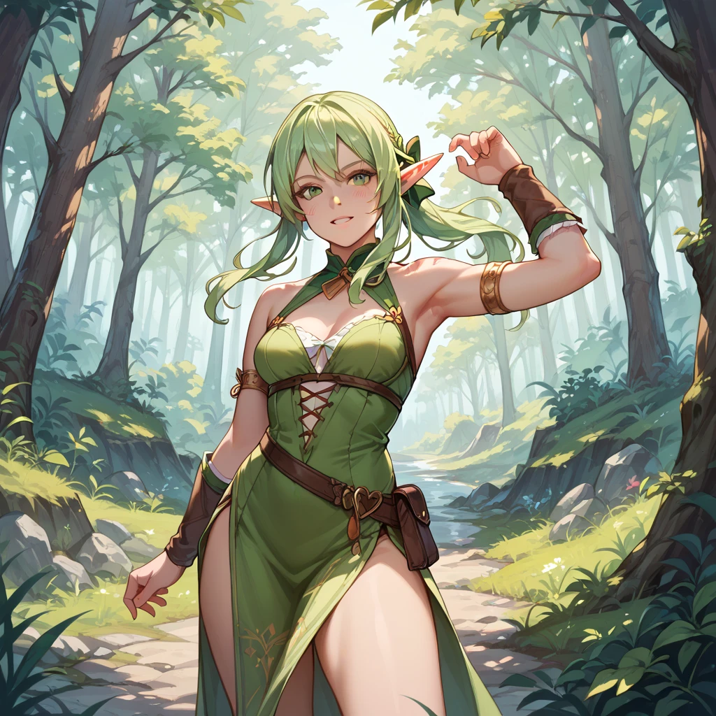 (masterpiece, Digital Art, Digital Illustration, 4K, 8K, Ultra-detailed, beautiful image, Sharp Image, Photorealistic, Raw photo, Perfect face, Perfect lines, Perfect eyes, Soft lighting), (((solo))), ultra detail, RPG, Dungeons&Dragons, medieval, fantasy, woman, determined, attractive, hero, elven druid, ((((green long hair, bangs, braid, green eyes, pointed ears)))), ((blush face, alluring smile)) ((((big breasts)))), (((tribal costume, green clothes, hair ornaments, head band, leaf ornaments, animal fur, leather belts, leather pouchs, straps, cleavage))), in a dark forest, night, (((((upper body, standing)))))