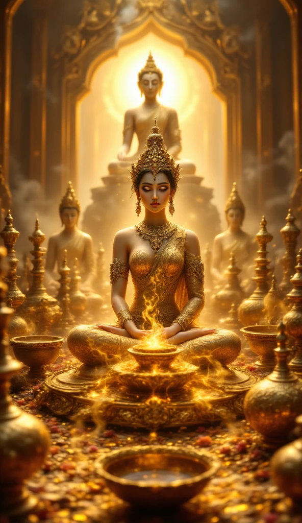 ((A Half body Portrait of Very big breasts Beautiful Young Goddess )), (( Topless Naked)), ((Belle Epoque)),(( Wear jewelry all over the body.)), ((gold bead necklace)),((Dressed in Thai pattern cloth with gold and black.)), Holyness Lady,( Ancient Costume Style),(( Vintagr Color Photo)), ( Bangkok),(Thai temple)m ((Phra Prang Wat Arun)),Soft shadows Super-Resolution, Megapixel,king sitting, ProPhoto RGB, VR, Spotlight, Frontlight, Halfrear Lighting, Backlight, Rim Lights, Rim Lighting, Artificial Lighting, Natural Lighting, Incandescent, British Style, Nobleman, Elegantism,scene of opulence --c 22 --ar 27:40 --s 999 --v 6.0