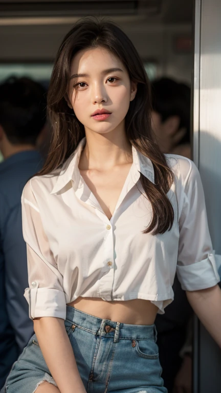 ((Highest quality, 8K, masterpiece :1.3)), Sharp focus :1.2, Beautiful woman with perfect figure :1.4, 1 Girl,Slim Abs :1.2, ((Dark brown hair,chest :1.2)), (White long formal shirt)(Unbutton your shirt.), Gray background:1.2, Highly detailed face and skin texture, fine grain, double eyelid,Beautiful Hands，Five Fingers,Fashion model posing,Full body portrait,Cowboy Shot,jeans,Cast a Shadow,