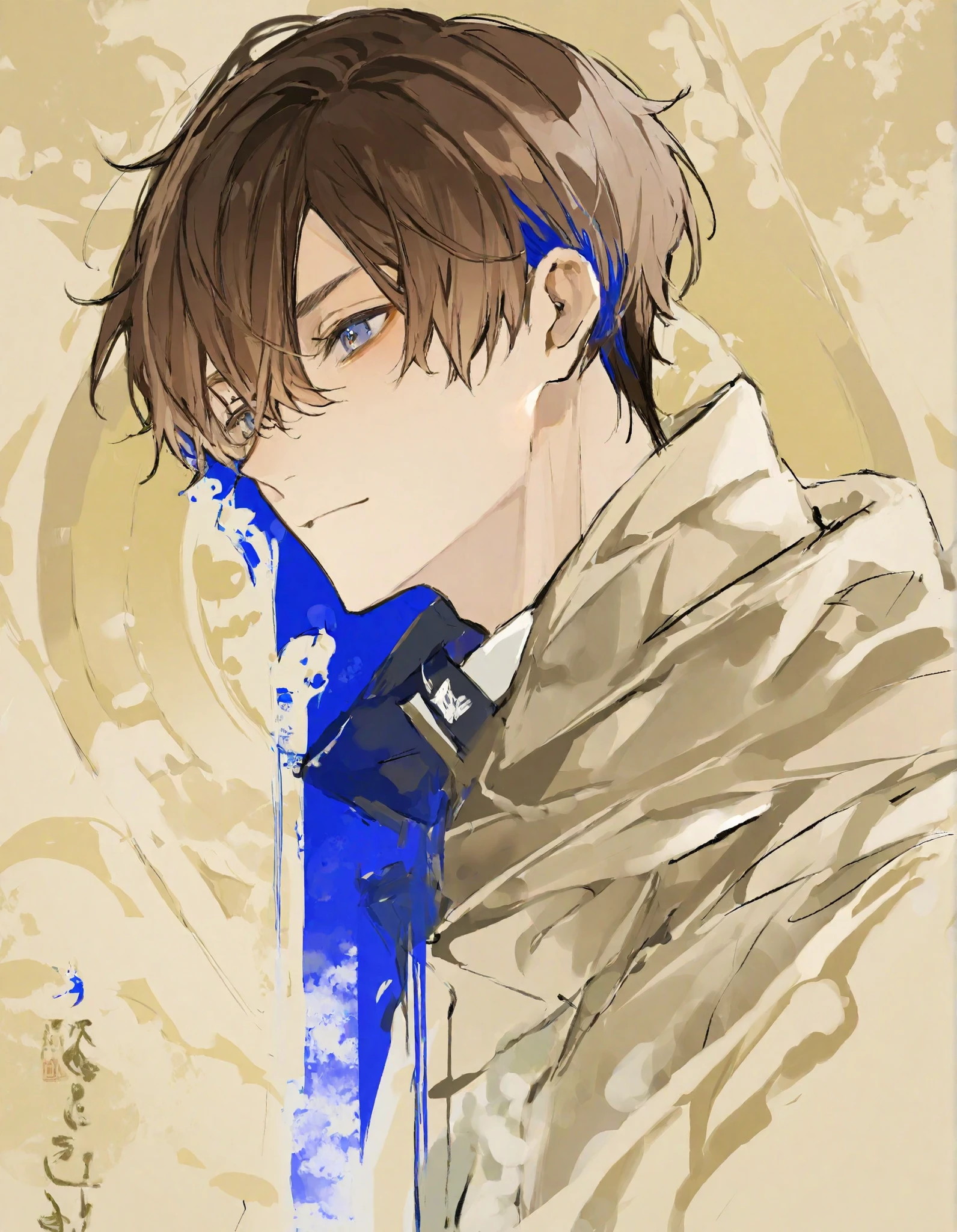 1 man、White brown hair、mash、blue inner color