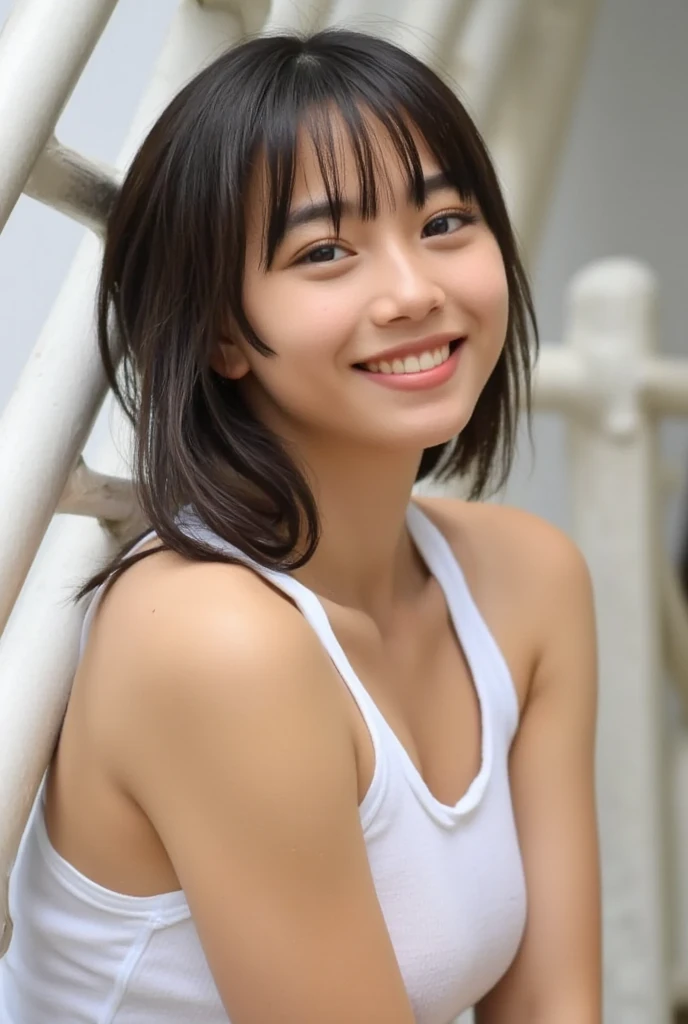 Beautiful 11 year old Japanese woman), cute face, (deeply carved face:0.7), (freckles:0.6), dramatic lighting, shy, pony tail, (smile), (sparkling eyes), slender, Athletics, white tank top