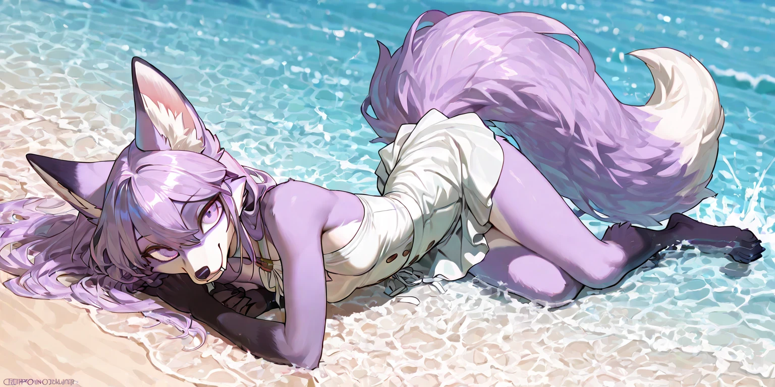 Beautiful girl foxgirl, medium large breasts,purple hair with pink highlights tips, masterpiece , red eyes, sexy, anime styled, 2D, mature, dynamic angle, long hair, sexy, fox tails, sexy pose, night time, beach, black bikini