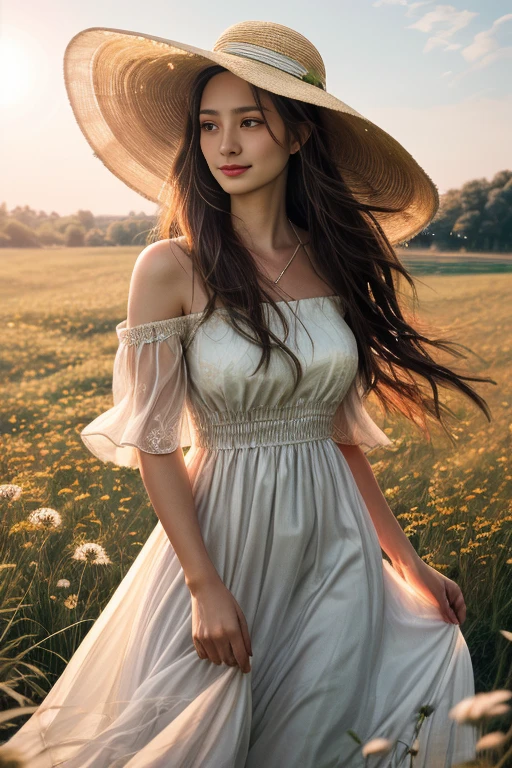 Masterpiece, best quality, very high, details illustration, Portrait, details, 1 girl standing in a wheat field, alone, long hair, set, flower, white hanfu, smile, full body, white flower, bare shoulders, very long hair, aqua hair, gag, Facing the audience, smooth,