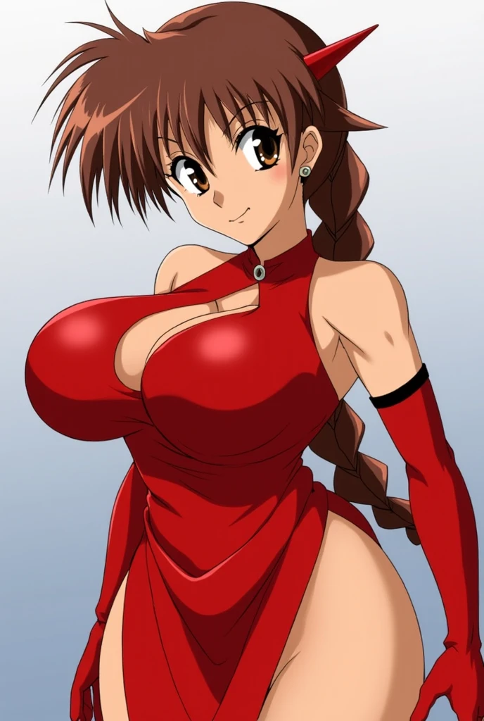 best quality, ultra-detailed, high resolution, mai shiranui, maims, (cleavage, huge breasts:1.2), pelvis curtain, (red japanese clothes), revealing clothes, rope, sash, 1990s \(style\),retro artstyle,1990s anime cels style, japan, traditional, outdoors, squatting, spread legs, looking at viewer, sideboob, nose blush, happy, closed mouth, from front